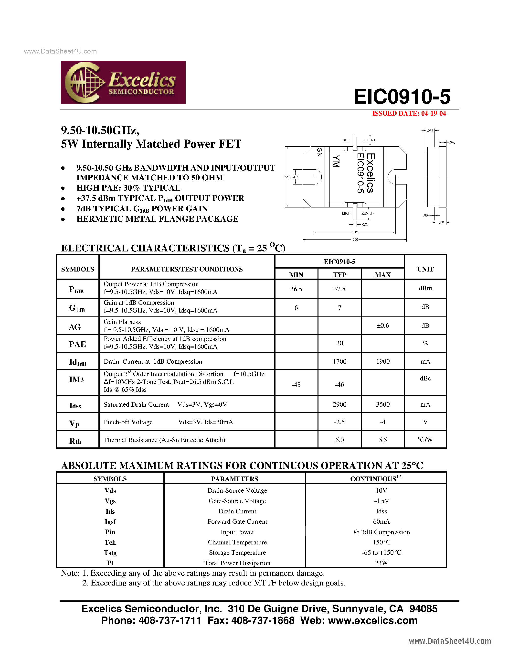 Datasheet EIC0910-5 - Internally Matched Power FET page 1