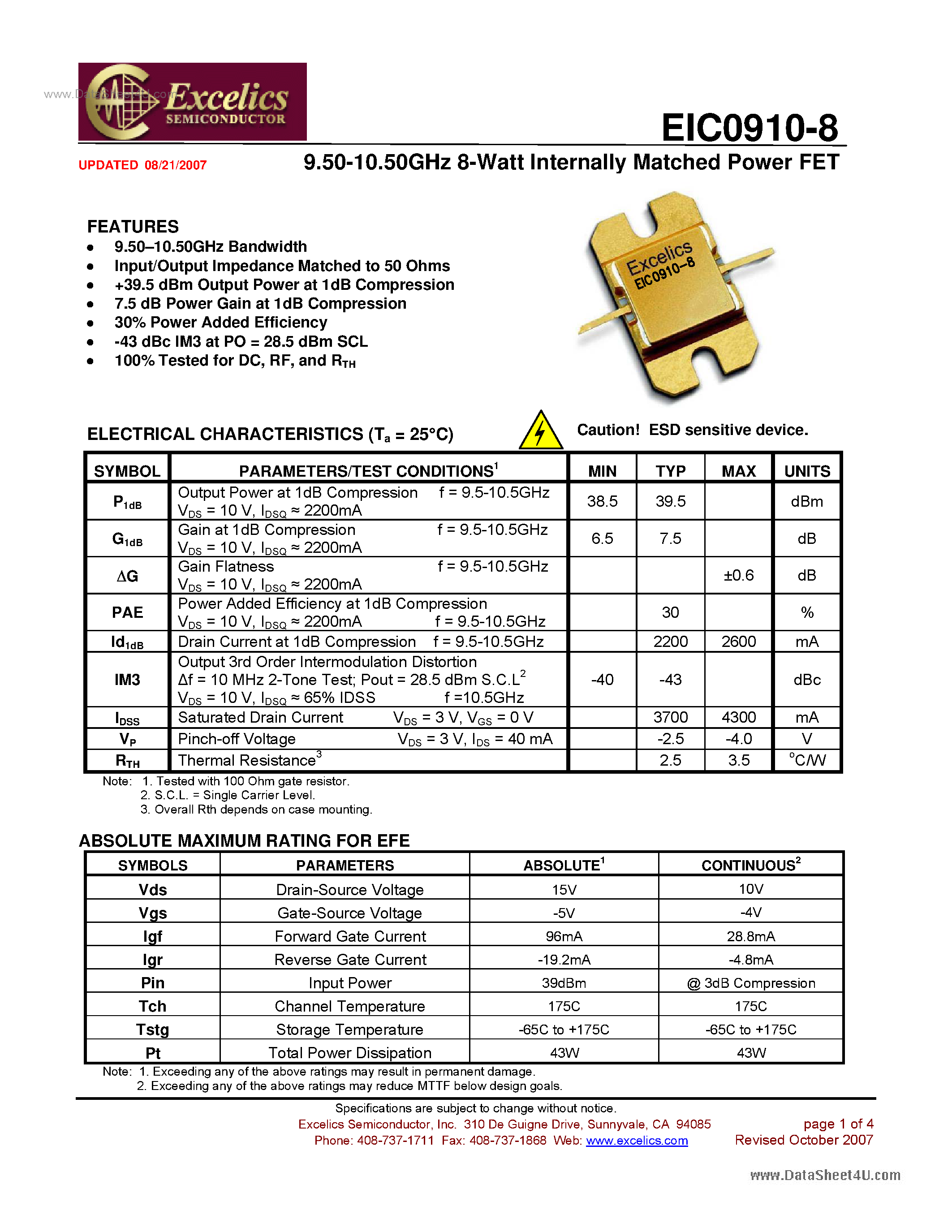 Datasheet EIC0910-8 - Internally Matched Power FET page 1