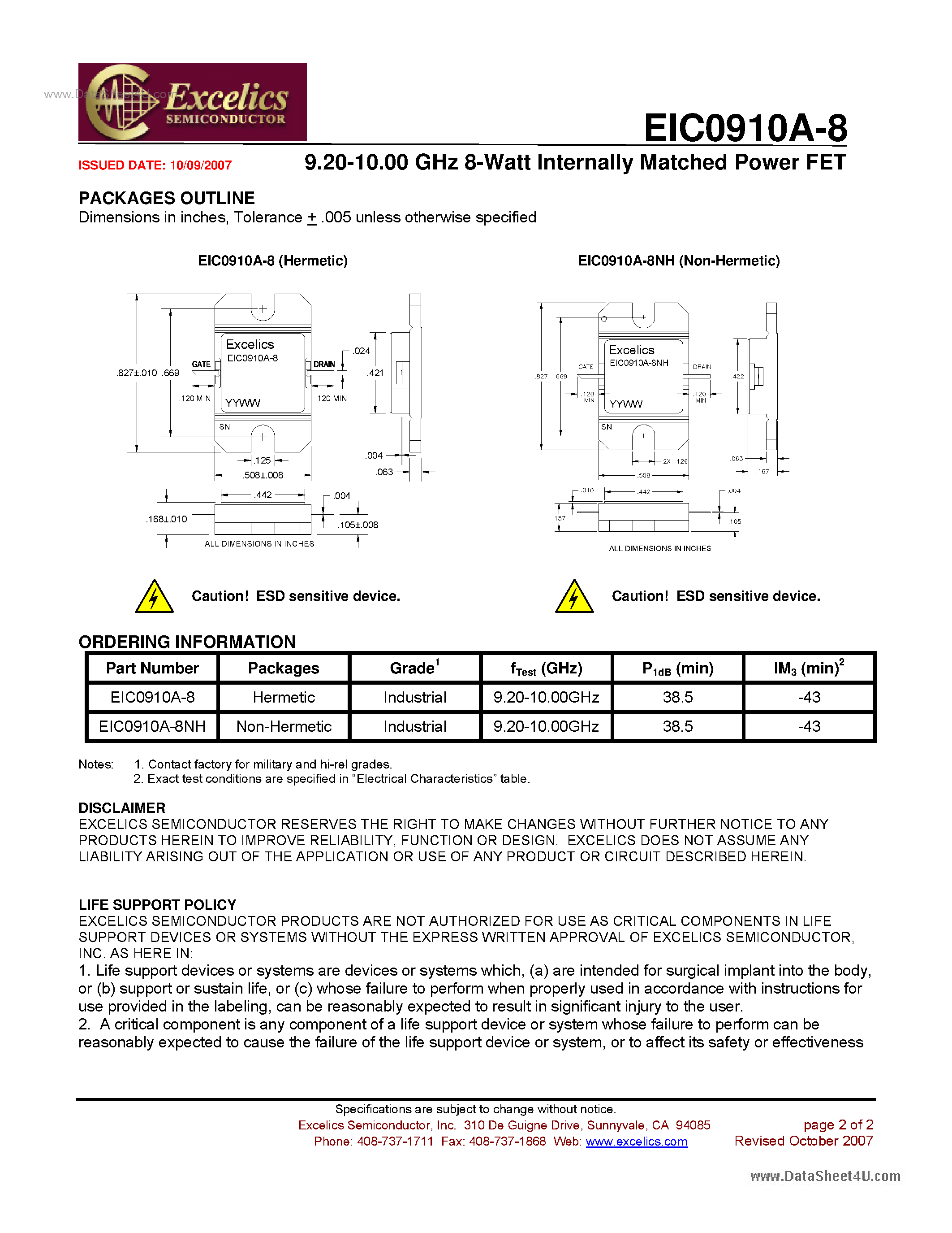 Datasheet EIC0910A-8 - Internally Matched Power FET page 2