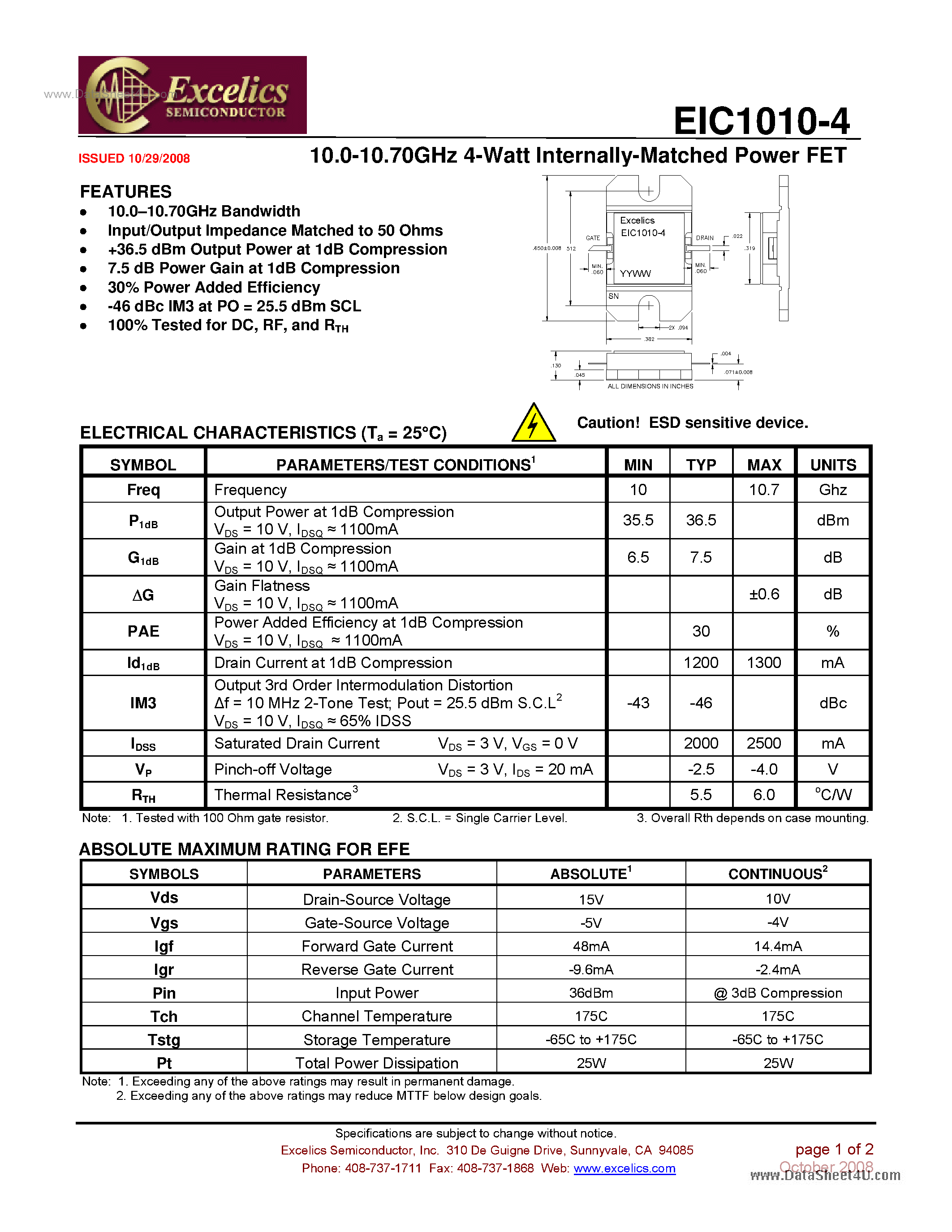 Datasheet EIC1010-4 - Internally Matched Power FET page 1