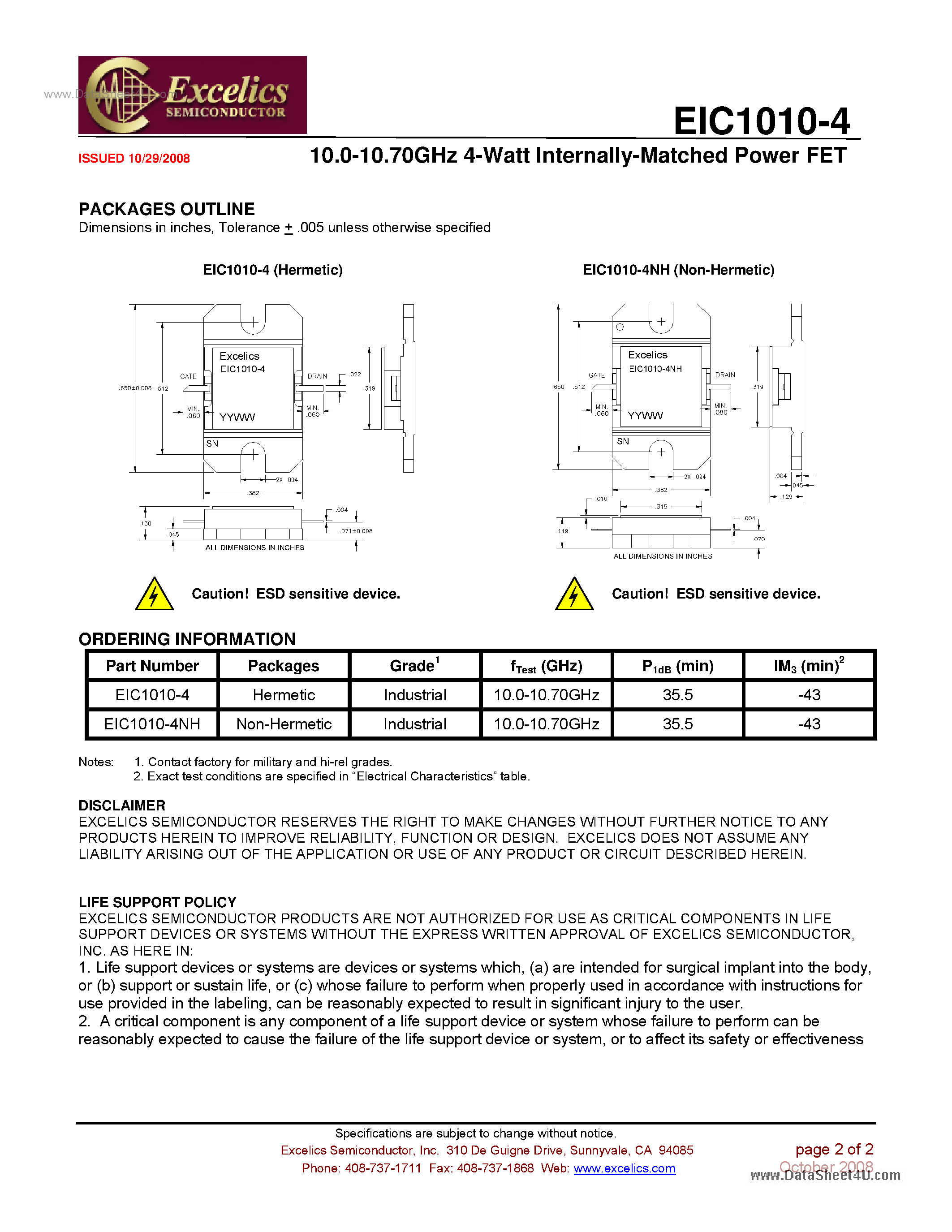 Datasheet EIC1010-4 - Internally Matched Power FET page 2