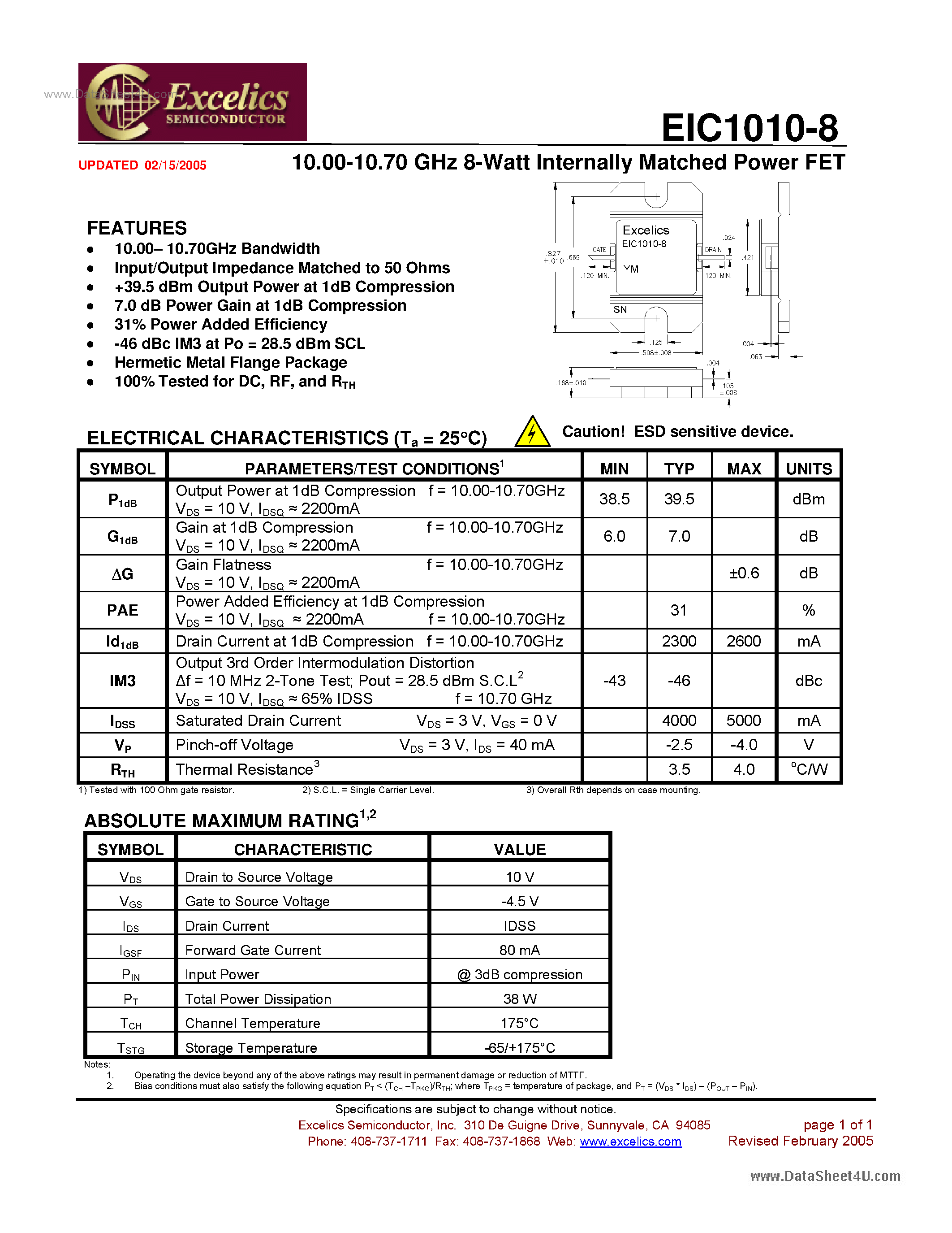 Datasheet EIC1010-8 - Internally Matched Power FET page 1