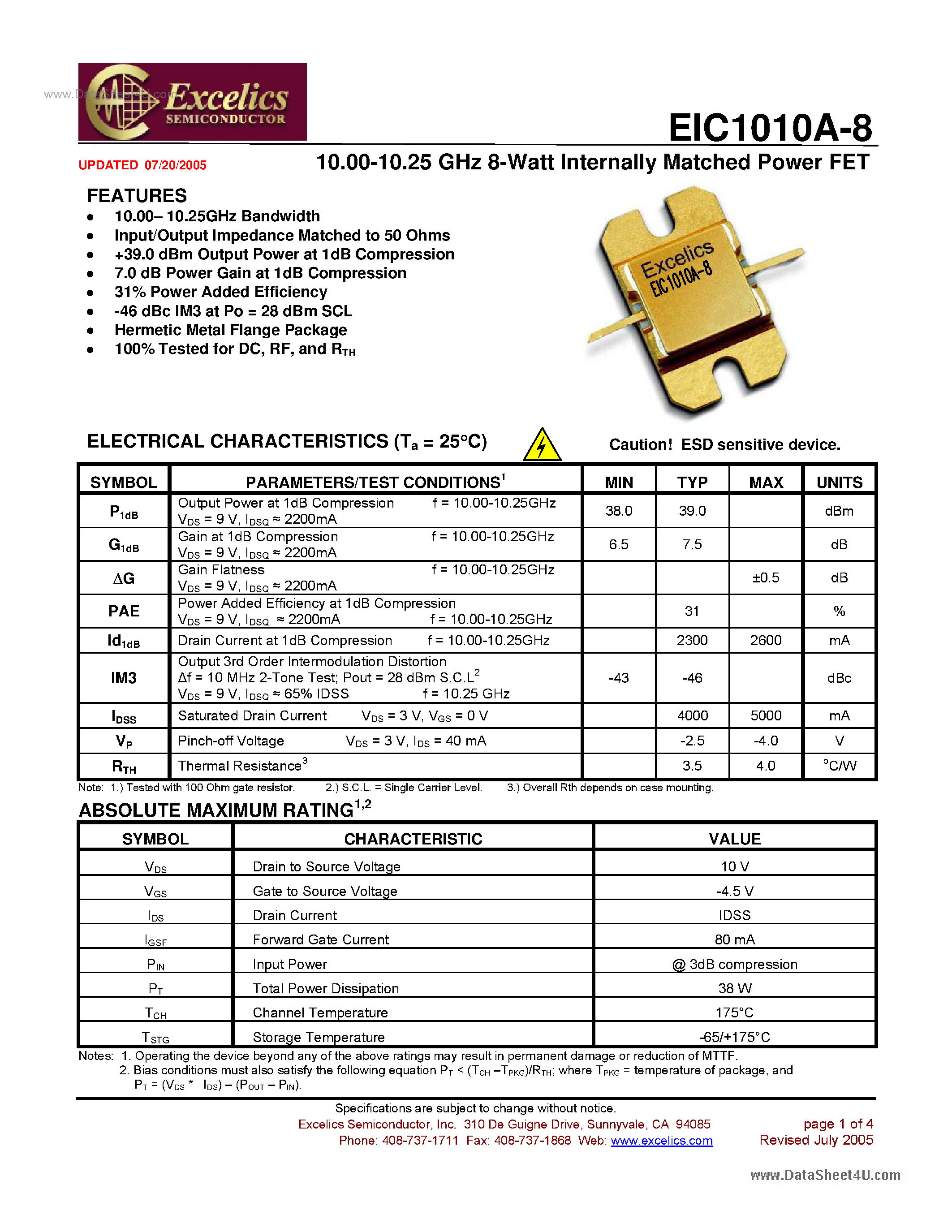 Datasheet EIC1010A-8 - Internally Matched Power FET page 1