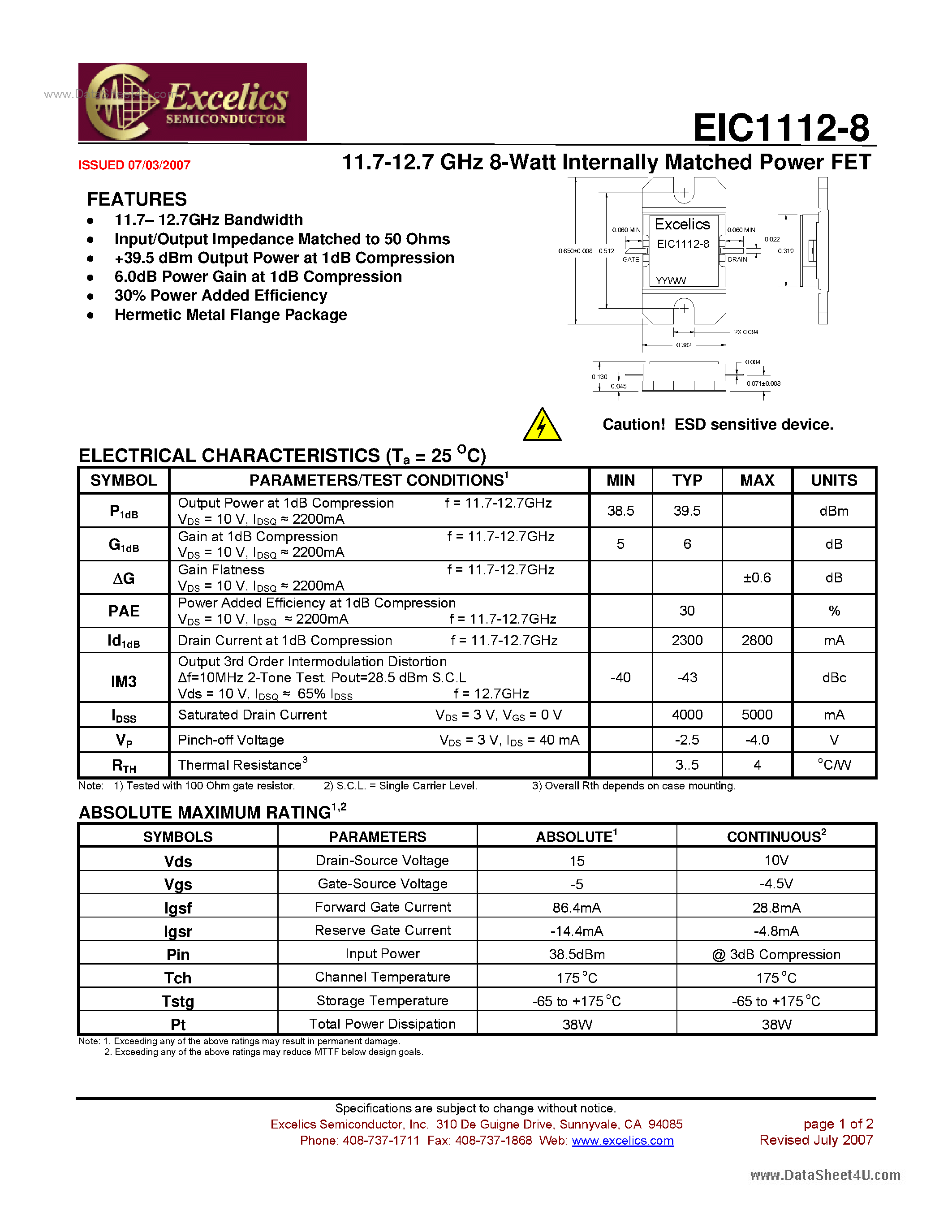 Datasheet EIC1112-8 - Internally Matched Power FET page 1
