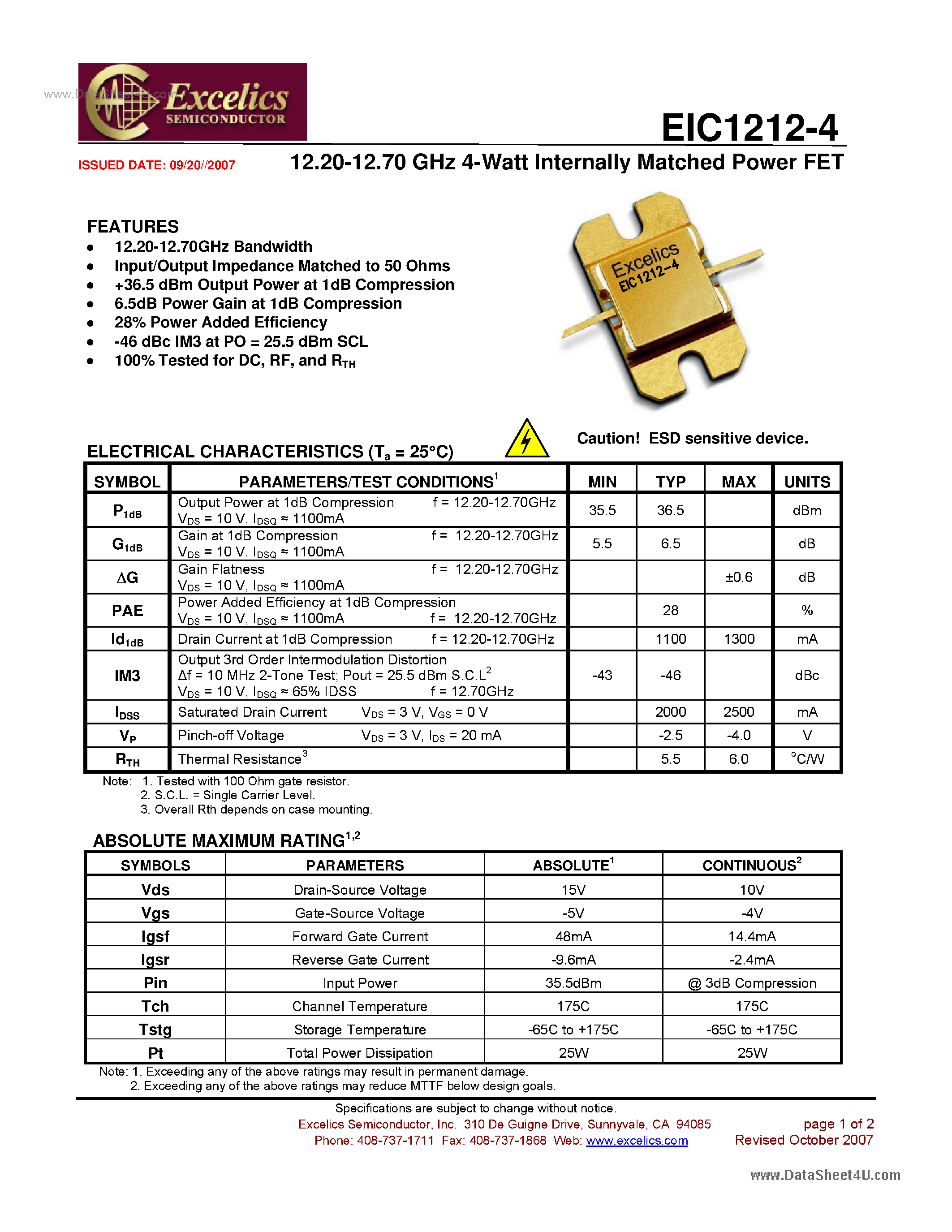 Datasheet EIC1212-4 - Internally Matched Power FET page 1
