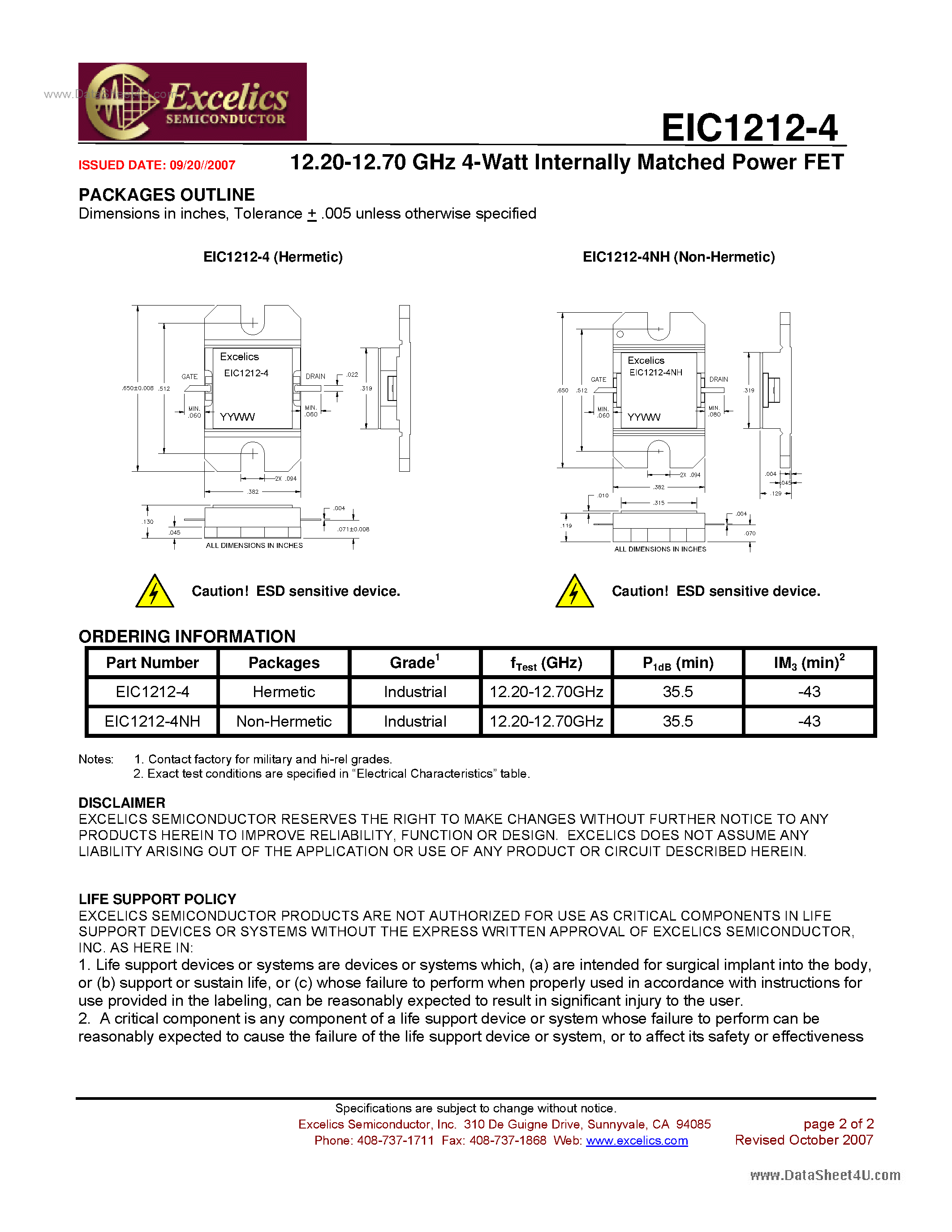 Datasheet EIC1212-4 - Internally Matched Power FET page 2