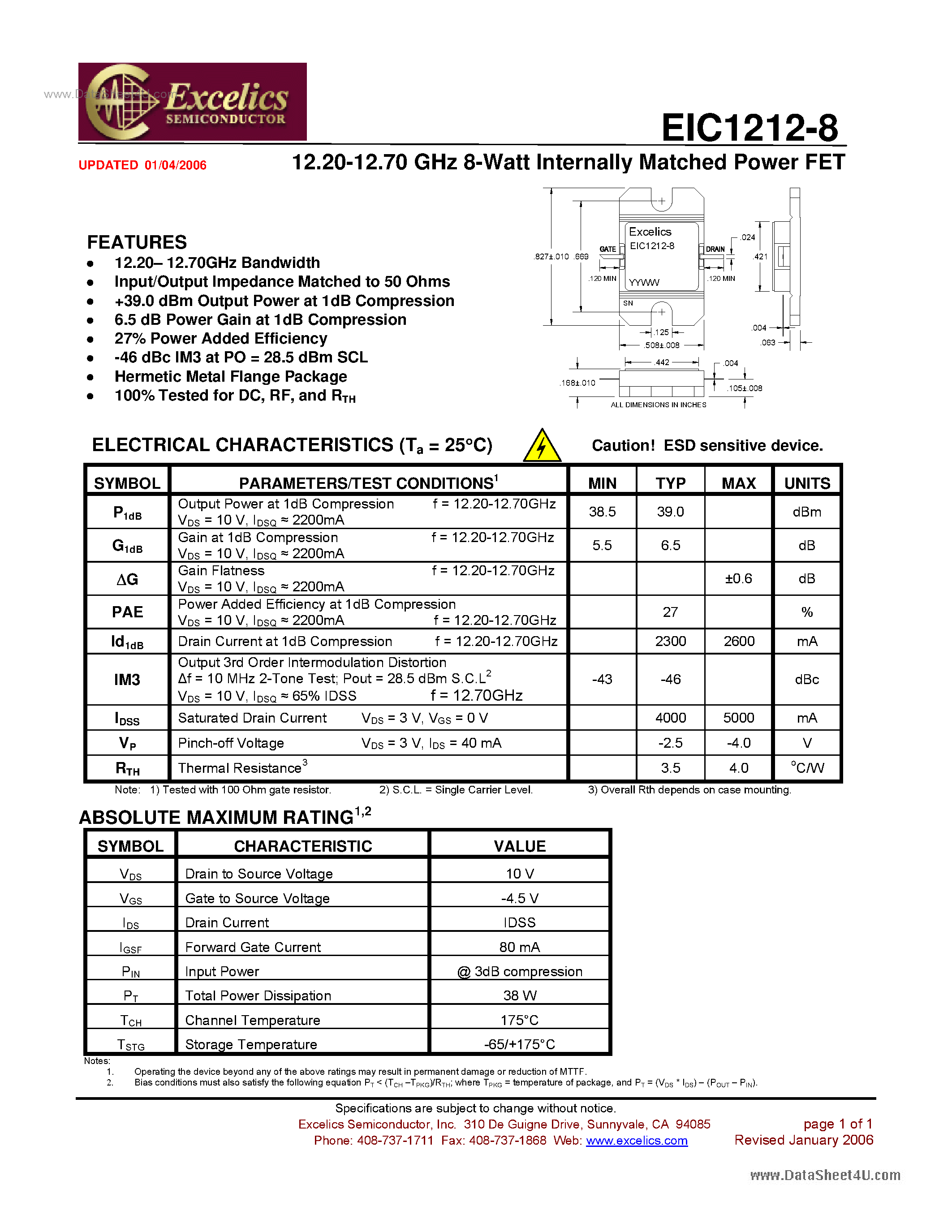 Datasheet EIC1212-8 - Internally Matched Power FET page 1