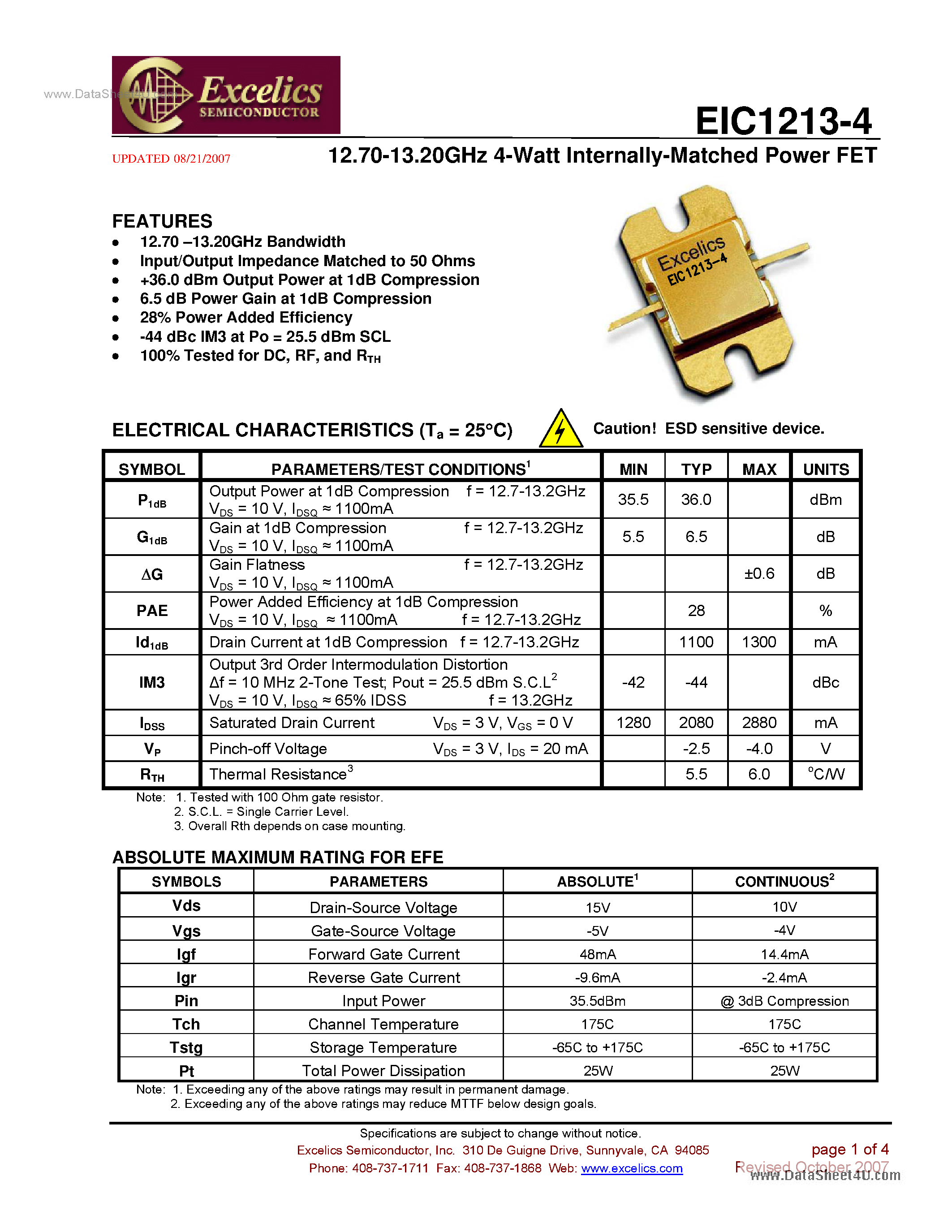 Datasheet EIC1213-4 page 1 Datasheet EIC1213-4 - Internally Matched Power FET page 1