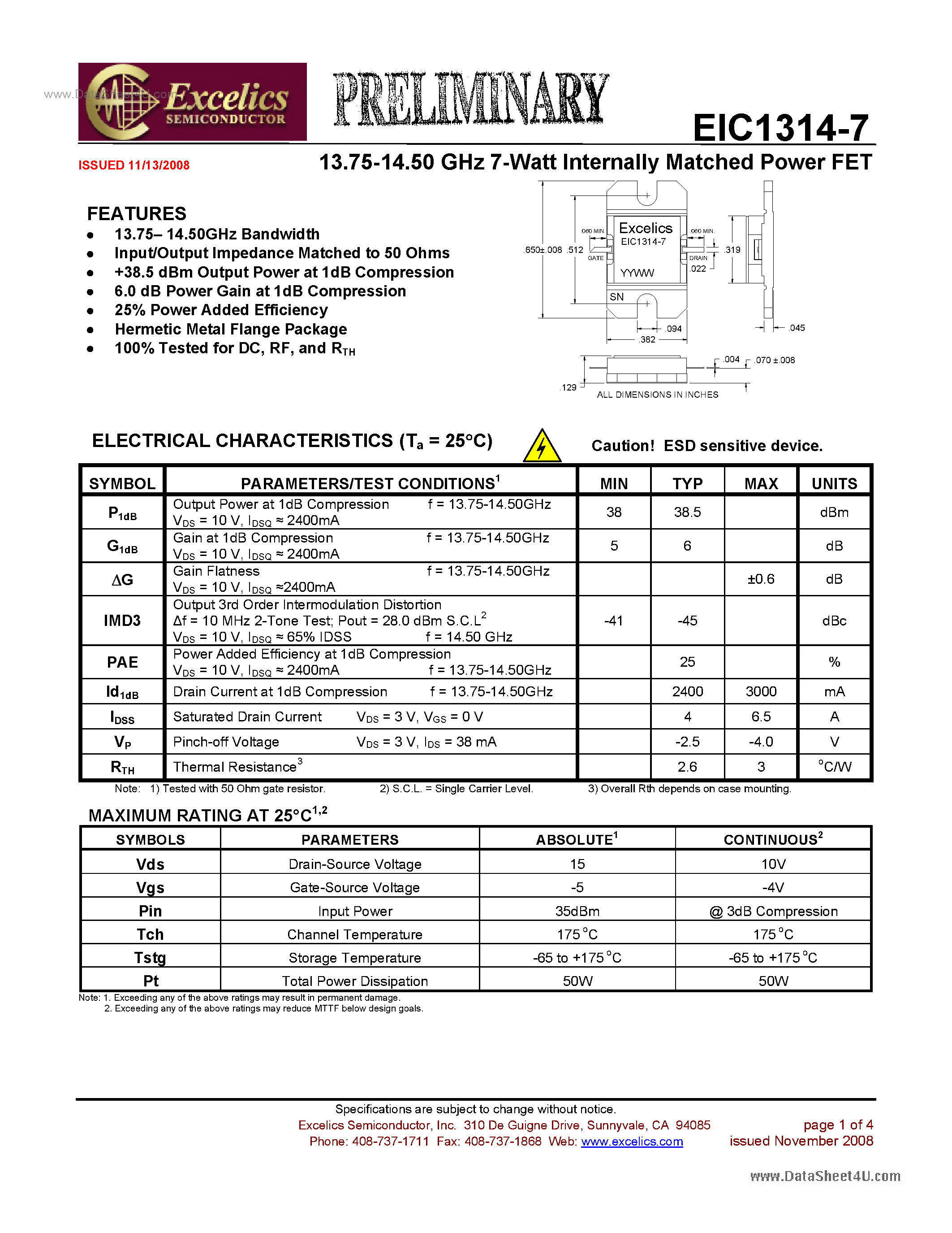 Datasheet EIC1314-7 - Internally Matched Power FET page 1