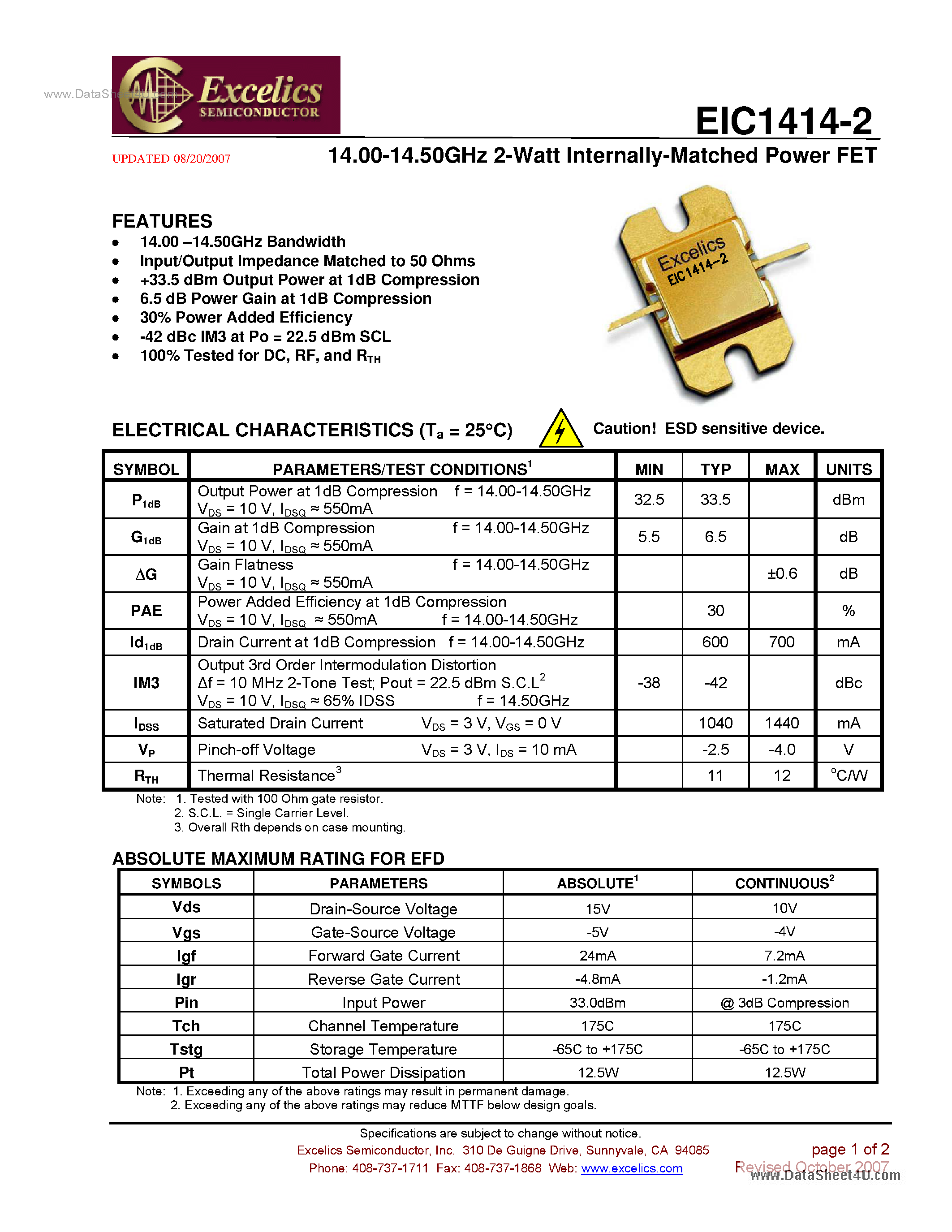 Datasheet EIC1414-2 - Internally Matched Power FET page 1