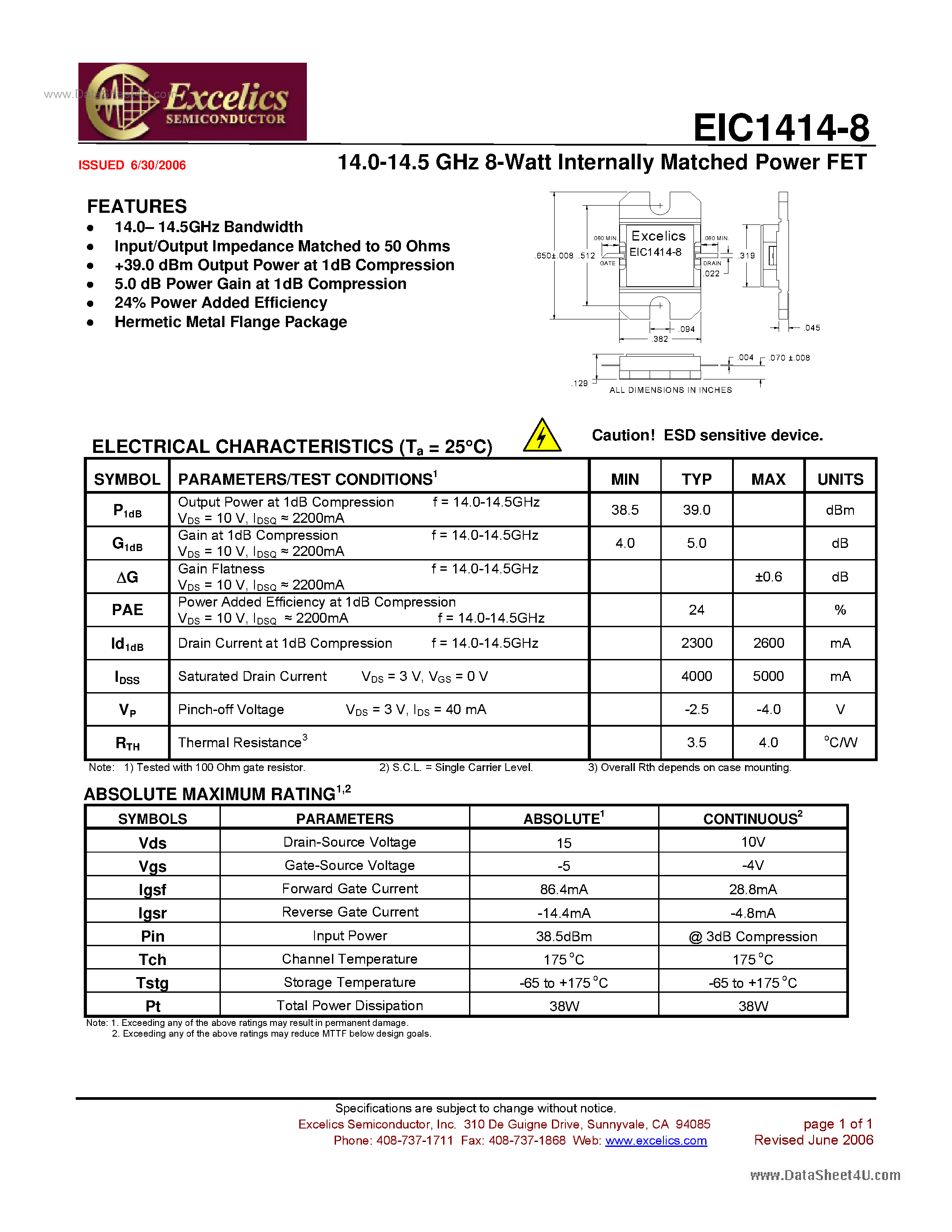Datasheet EIC1414-8 - Internally Matched Power FET page 1