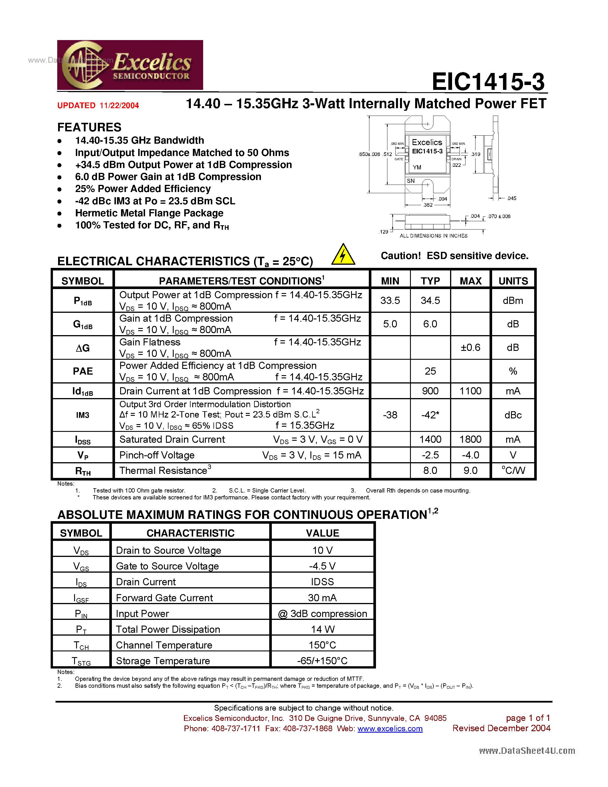 Datasheet EIC1415-3 - Internally Matched Power FET page 1
