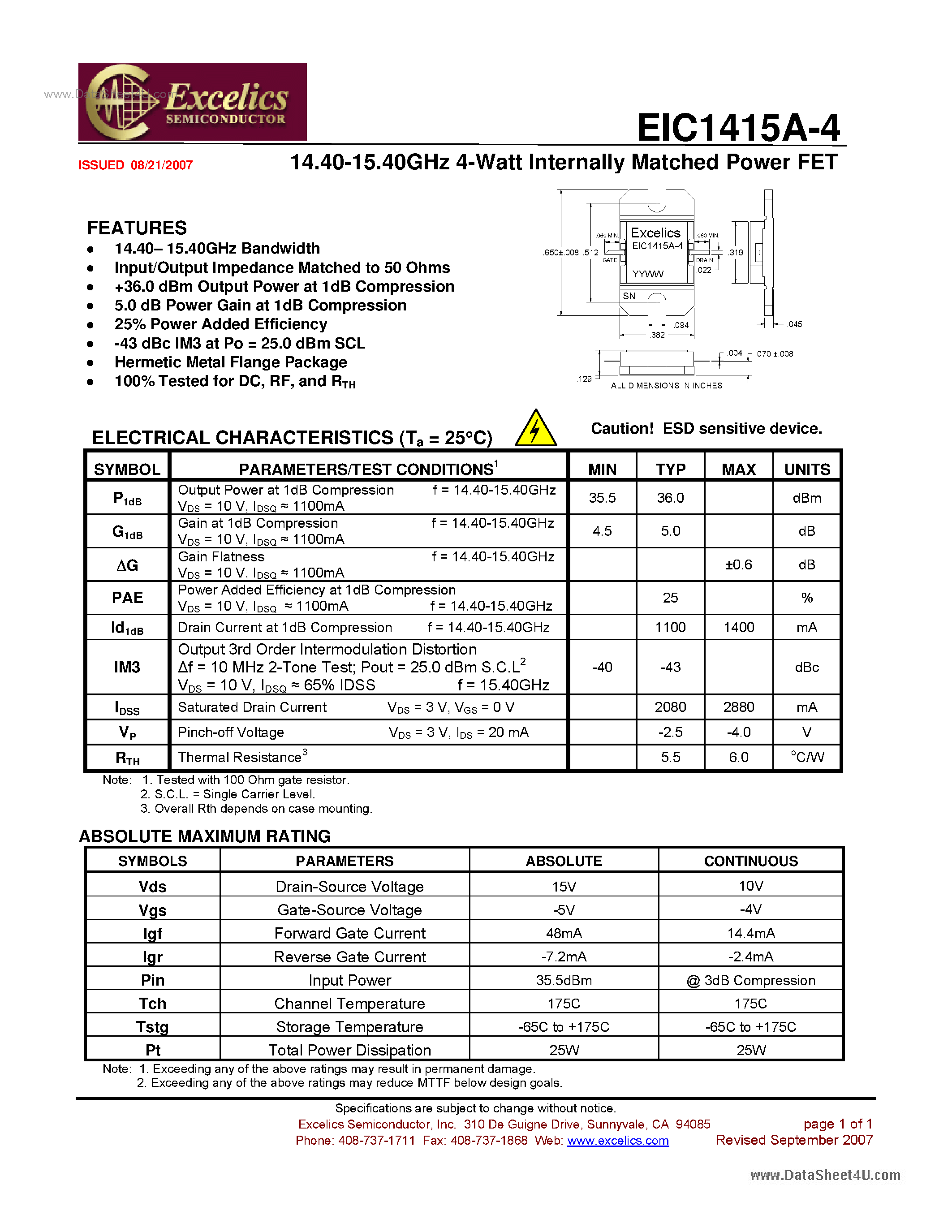 Datasheet EIC1415A-4 page 1 Datasheet EIC1415A-4 - Internally Matched Power FET page 1
