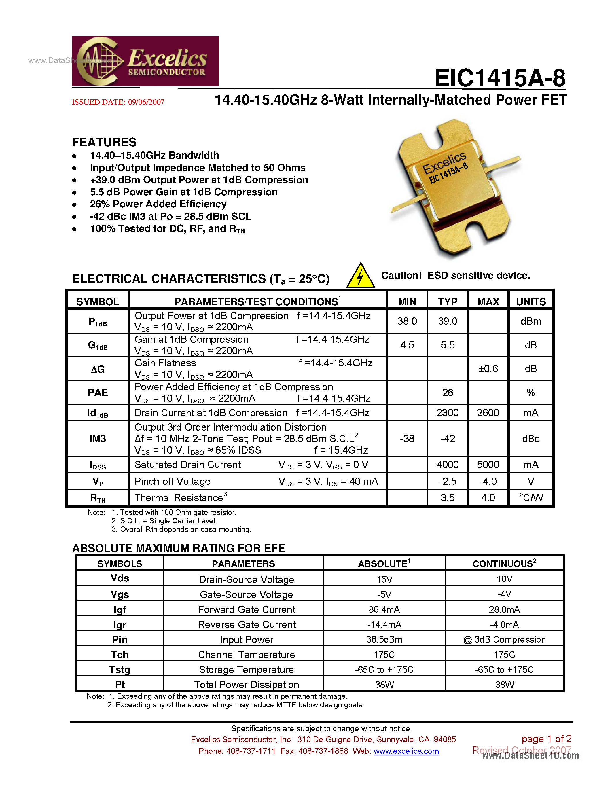 Datasheet EIC1415A-8 - Internally Matched Power FET page 1