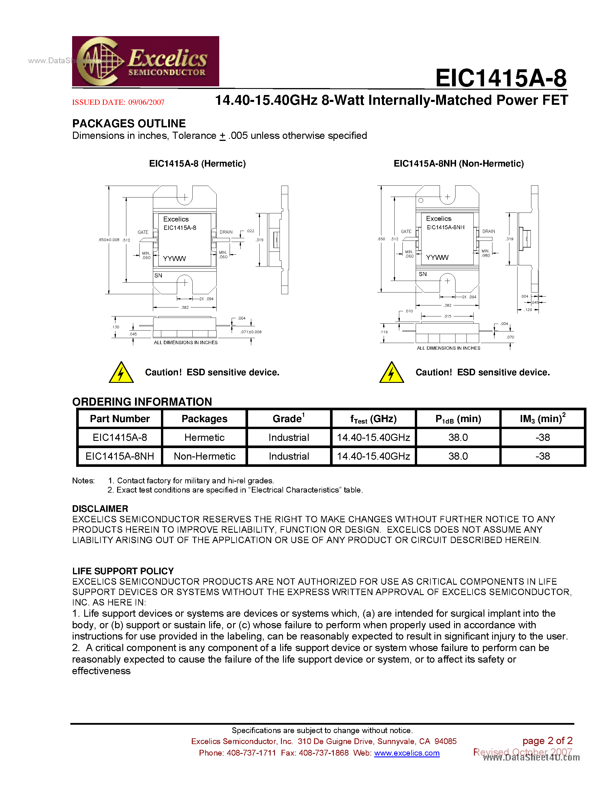 Datasheet EIC1415A-8 - Internally Matched Power FET page 2