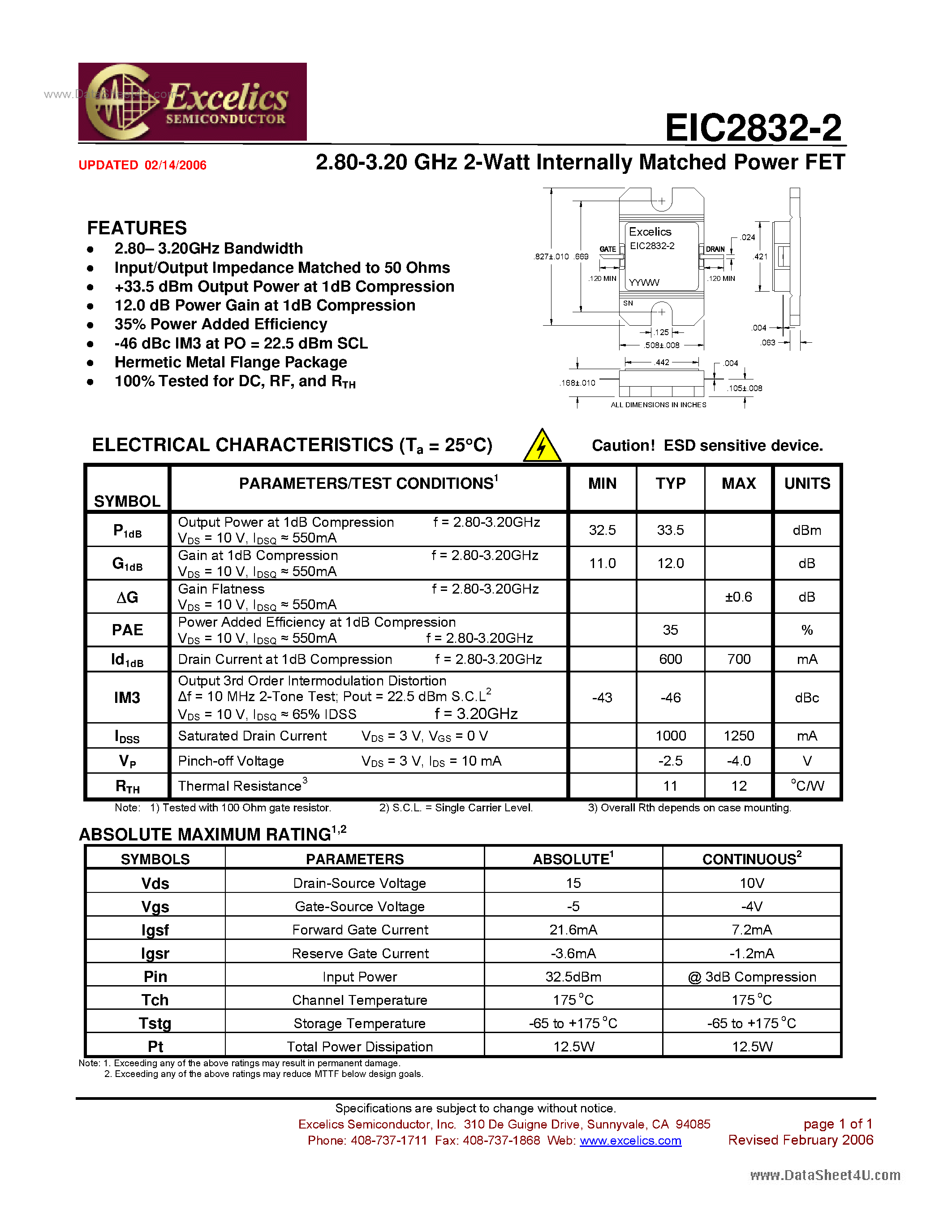 Datasheet EIC2832-2 - Internally Matched Power FET page 1