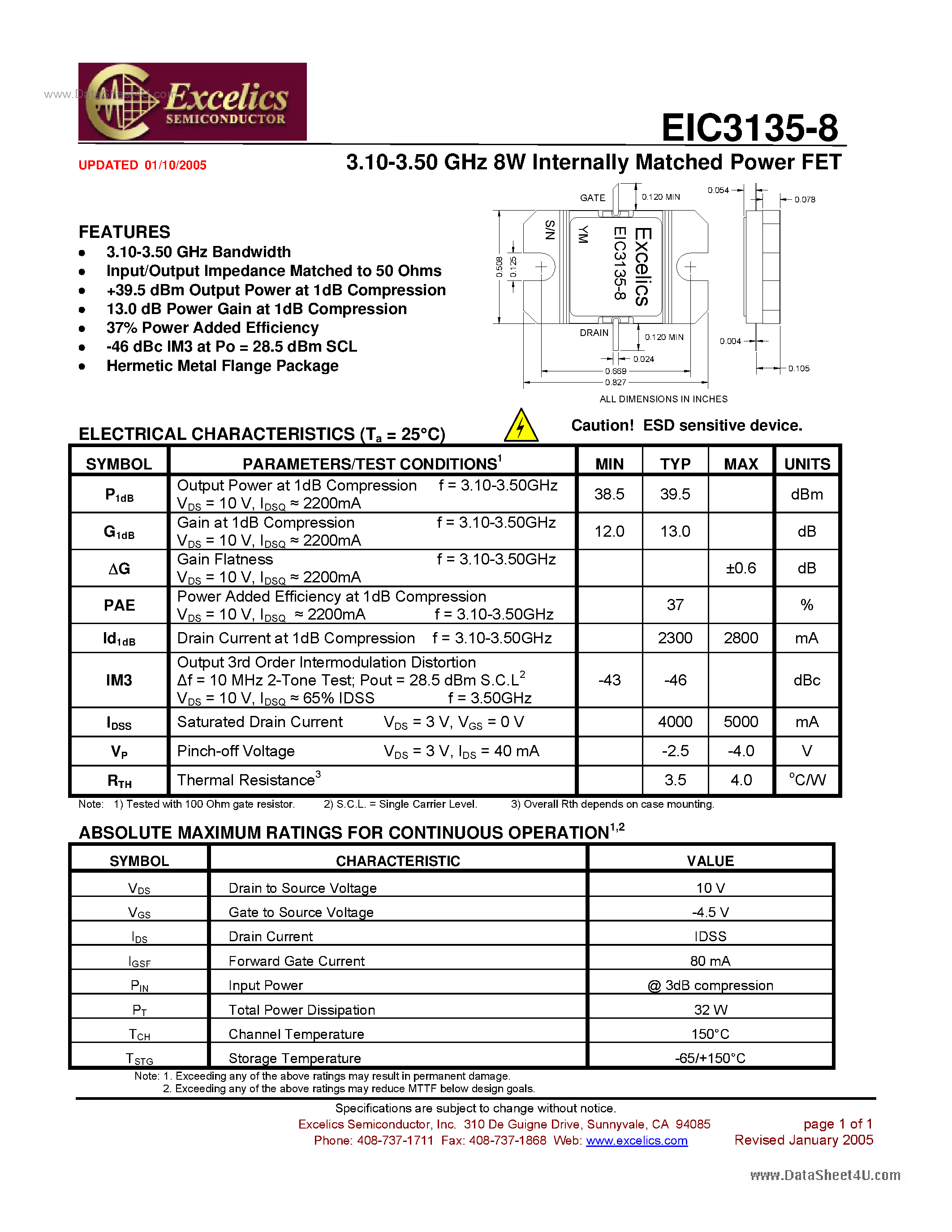 Даташит EIC3135-8 - Internally Matched Power FET страница 1