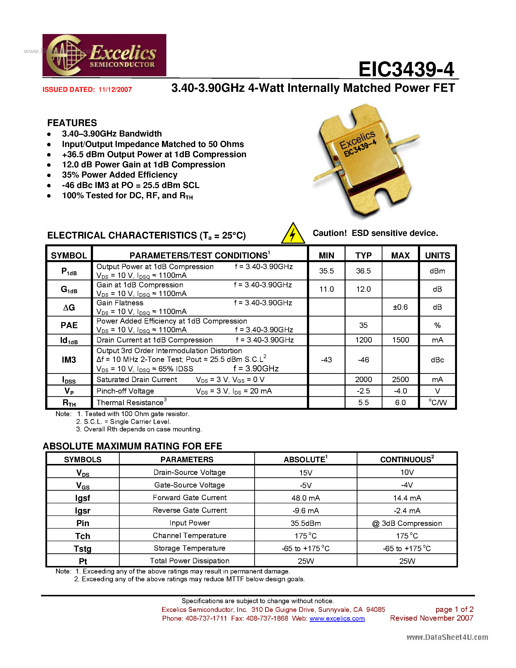 Datasheet EIC3439-4 - Internally Matched Power FET page 1