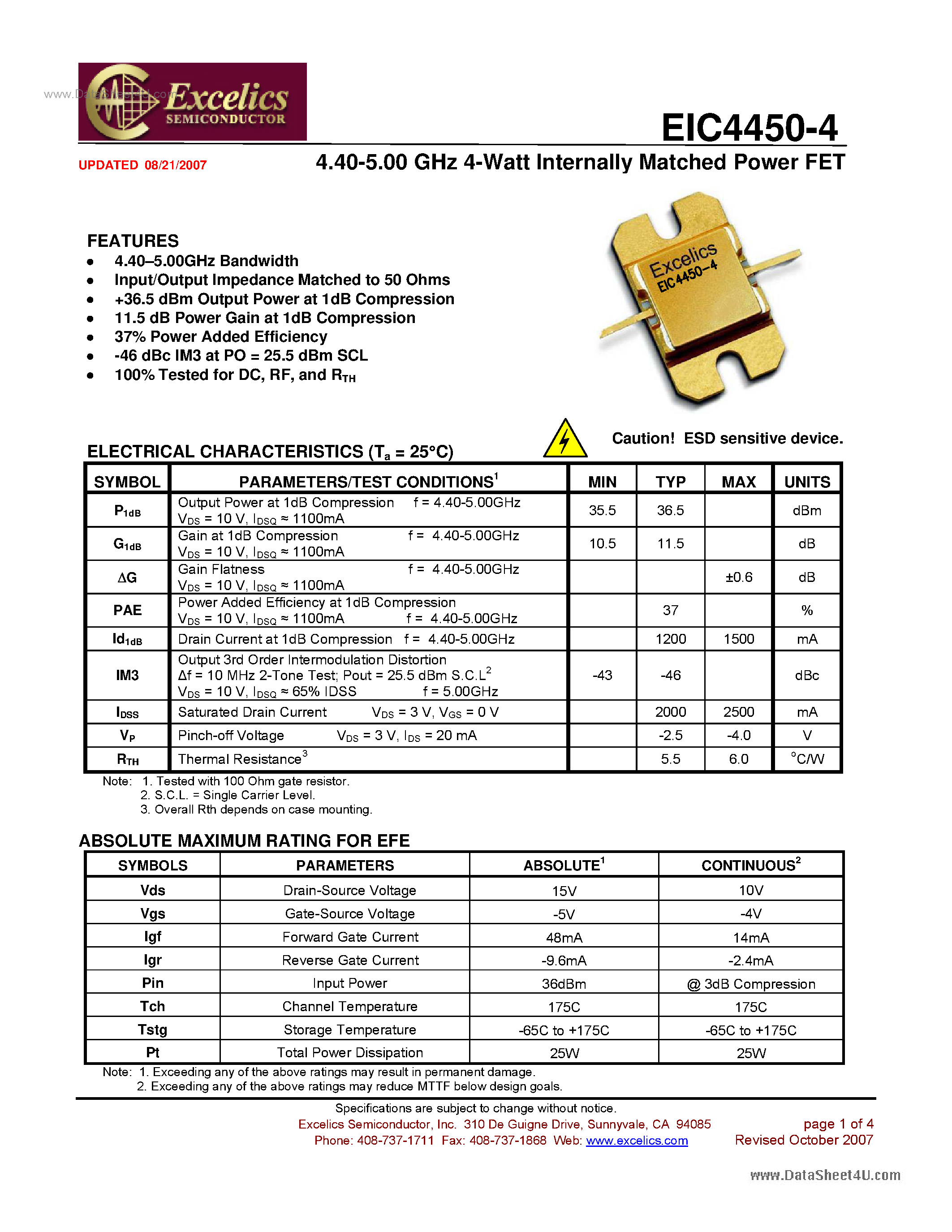 Datasheet EIC4450-4 - Internally Matched Power FET page 1