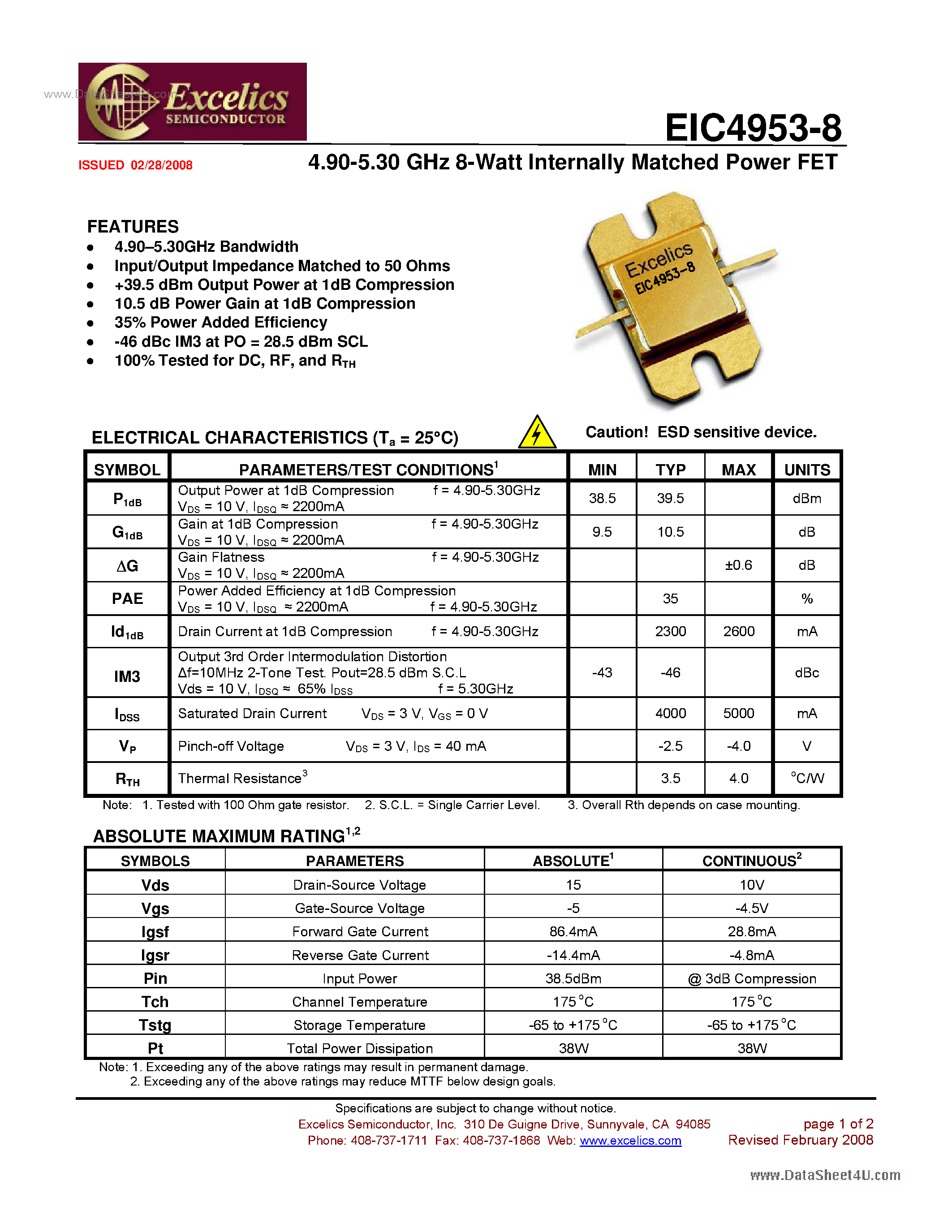 Datasheet EIC4953-8 - Internally Matched Power FET page 1