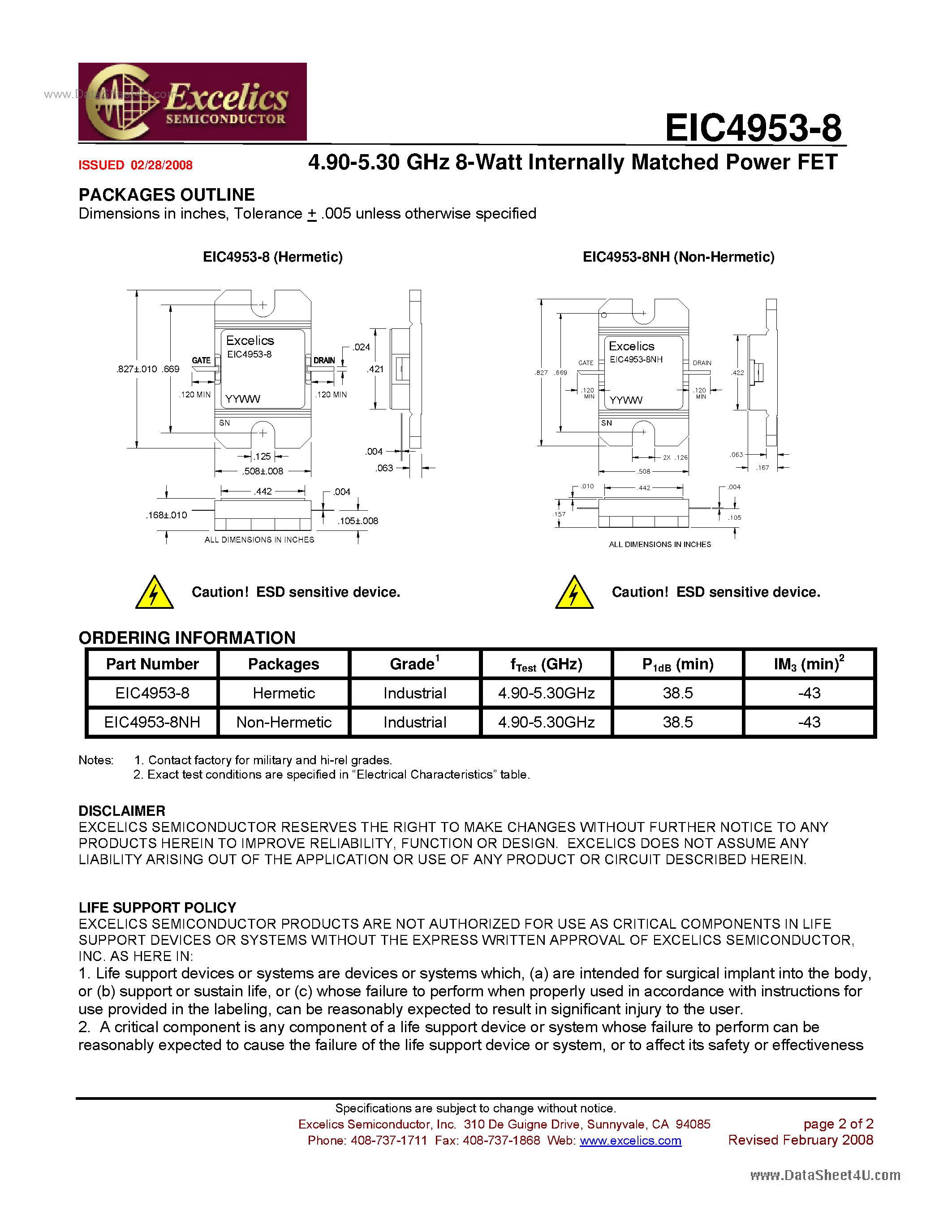 Datasheet EIC4953-8 - Internally Matched Power FET page 2