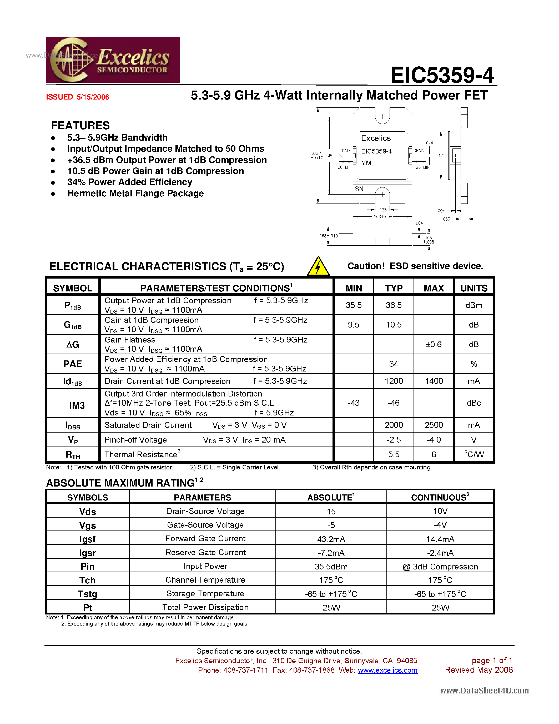 Datasheet EIC5359-4 - Internally Matched Power FET page 1