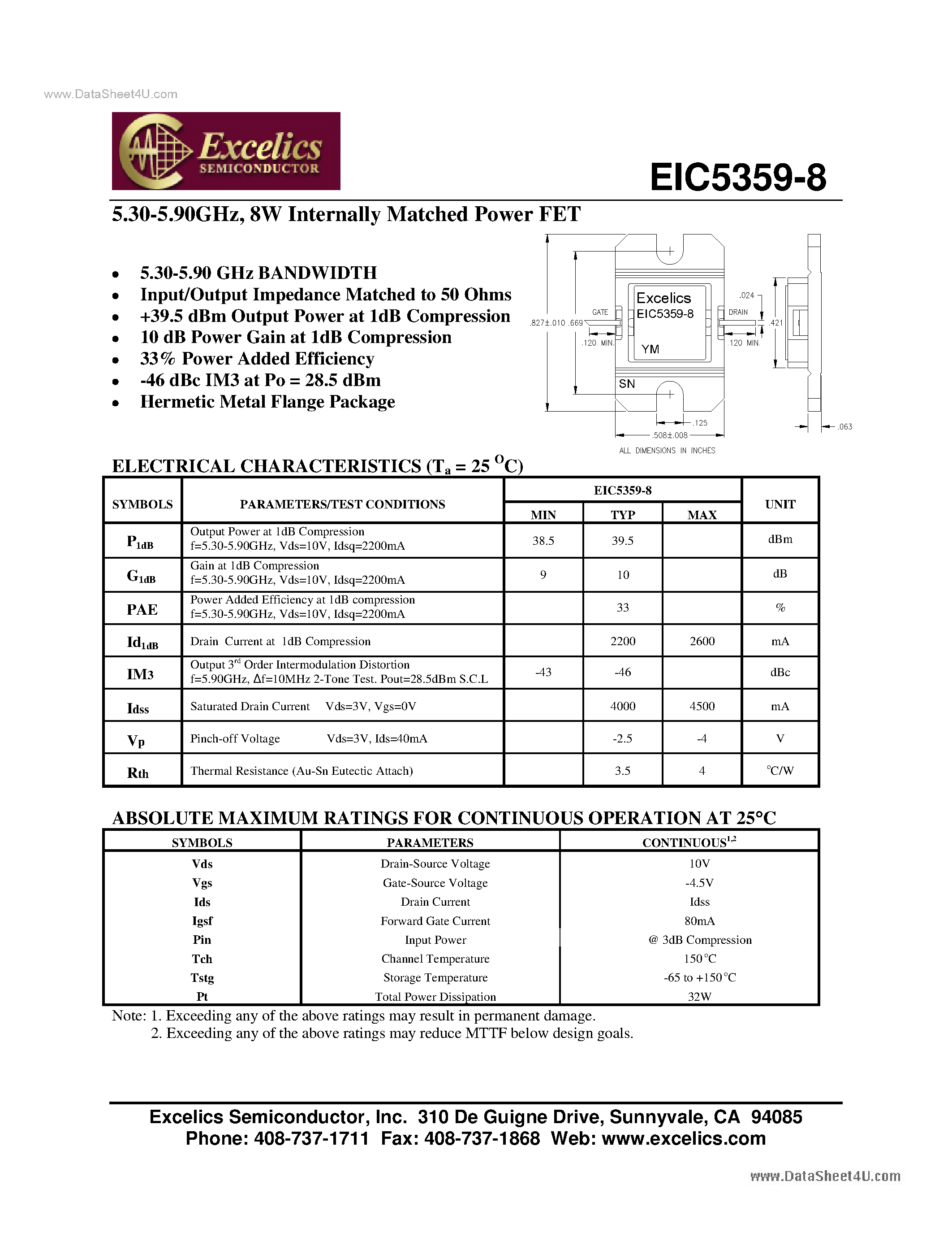 Datasheet EIC5359-8 - Internally Matched Power FET page 1