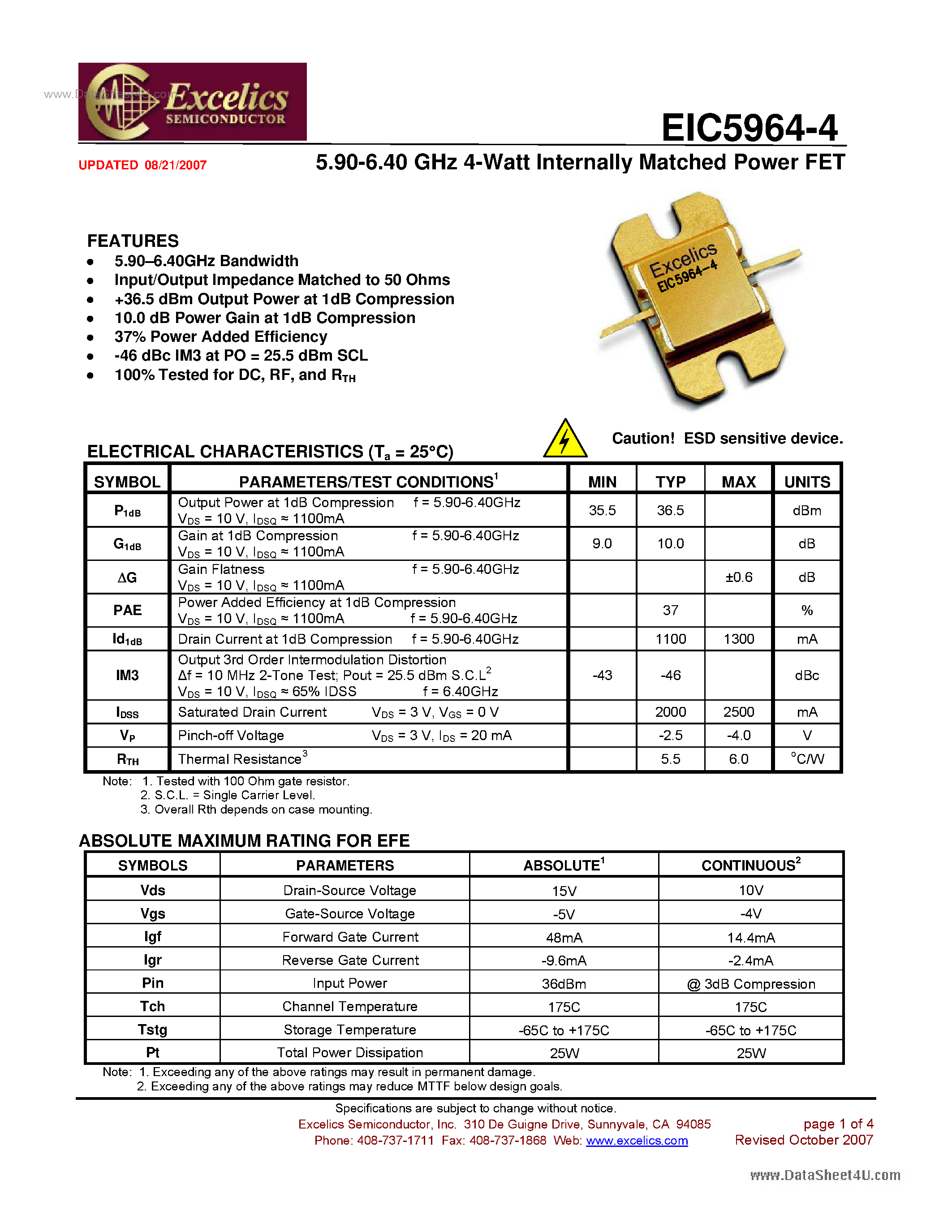 Datasheet EIC5964-4 - Internally Matched Power FET page 1