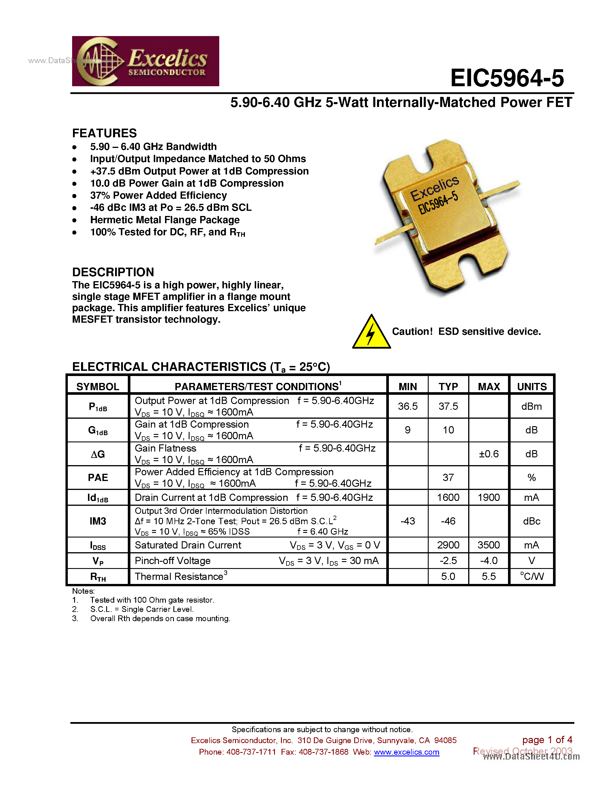 Datasheet EIC5964-5 - Internally Matched Power FET page 1