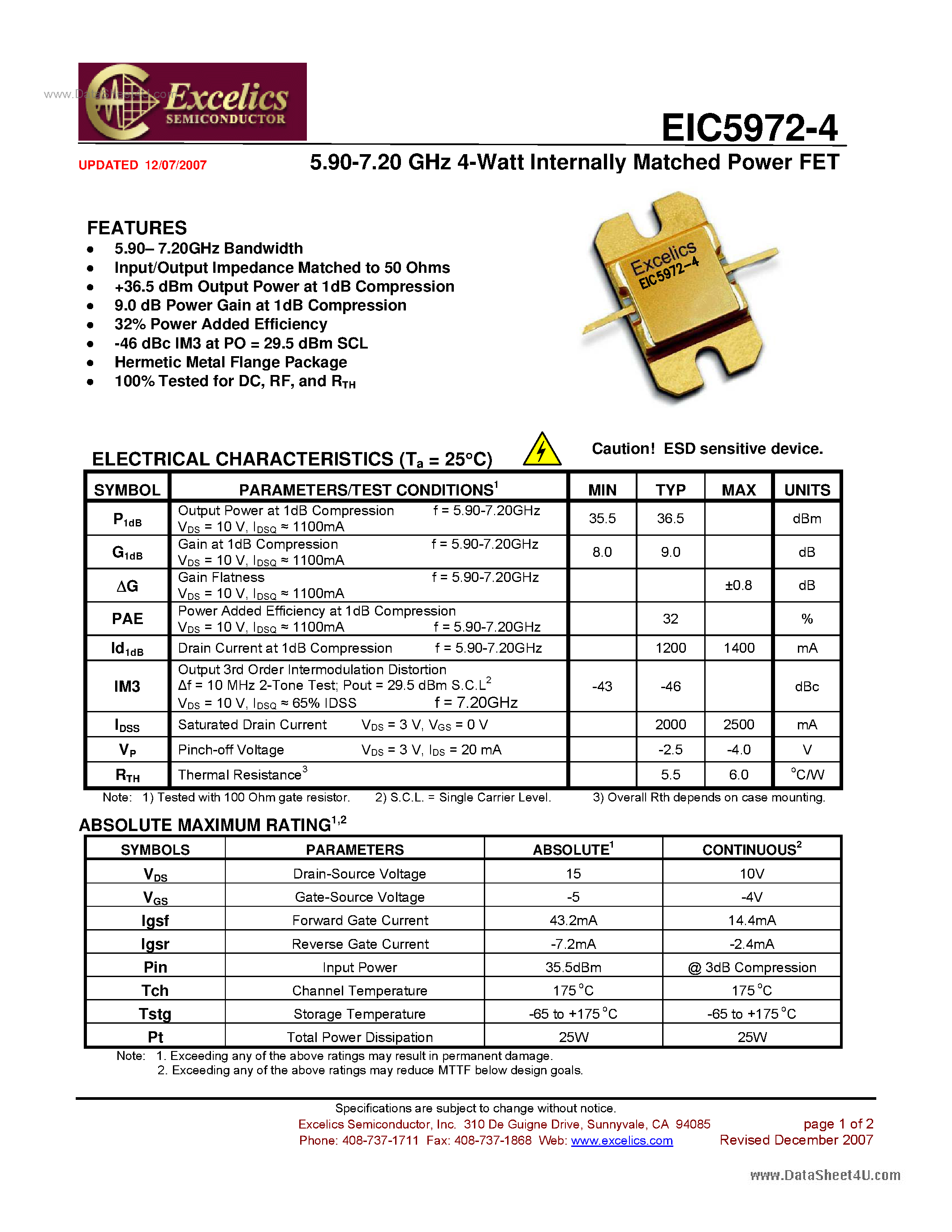 Datasheet EIC5972-4 - Internally Matched Power FET page 1