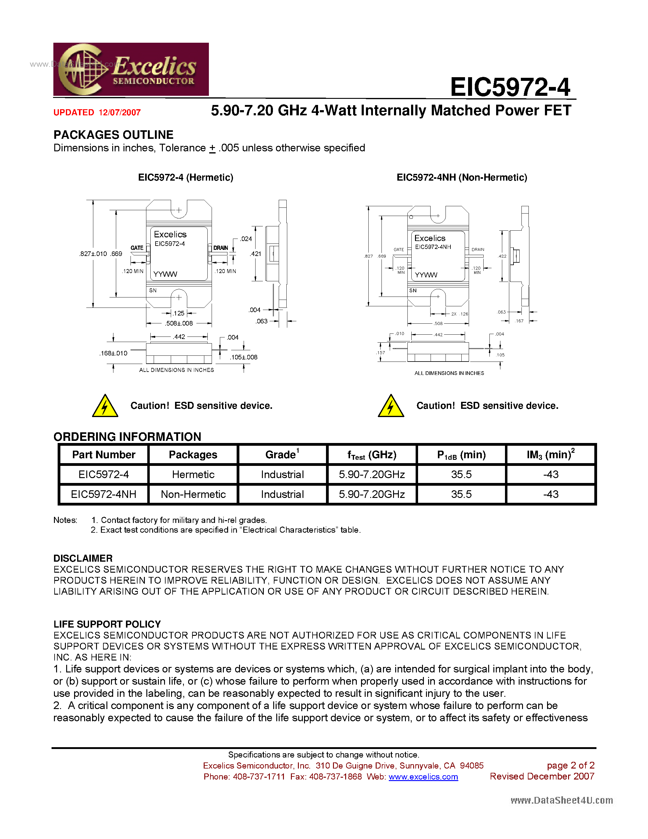 Datasheet EIC5972-4 - Internally Matched Power FET page 2
