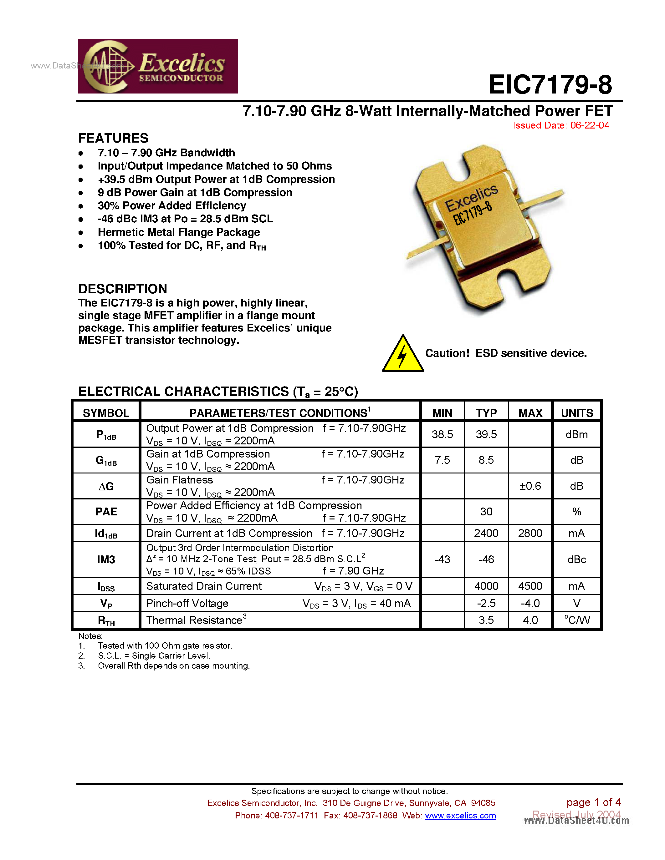 Datasheet EIC7179-8 - Internally Matched Power FET page 1