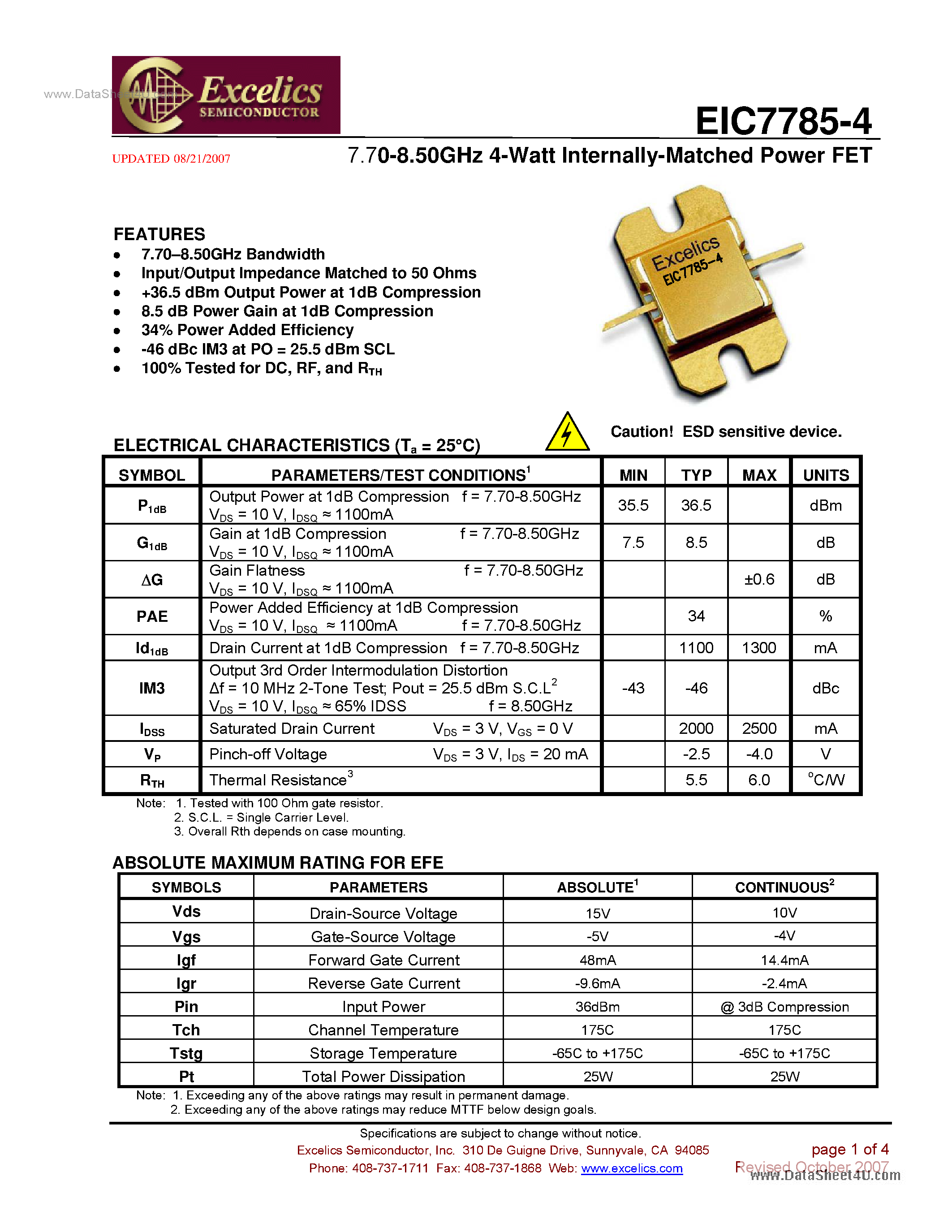 Datasheet EIC7785-4 - Internally Matched Power FET page 1