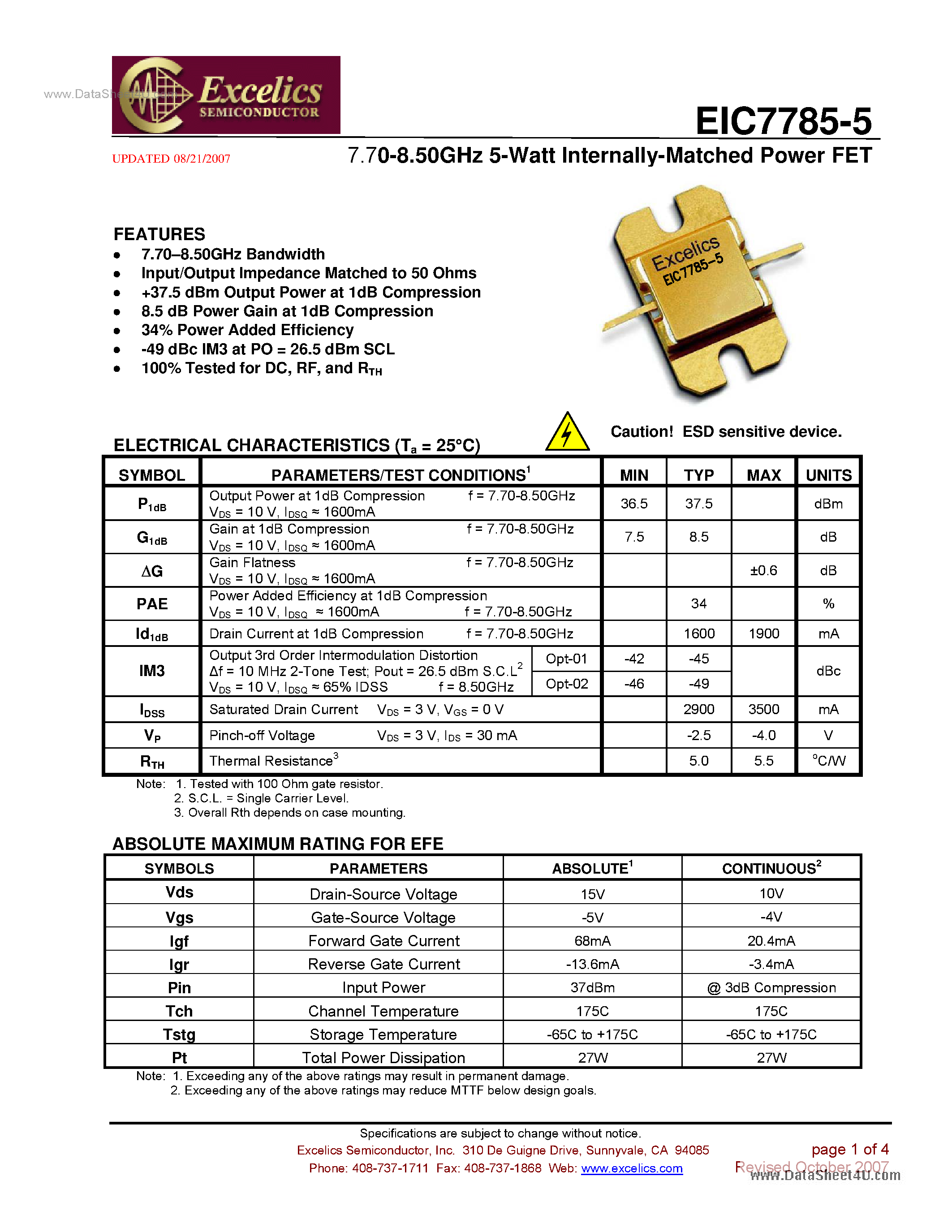 Datasheet EIC7785-5 - Internally Matched Power FET page 1