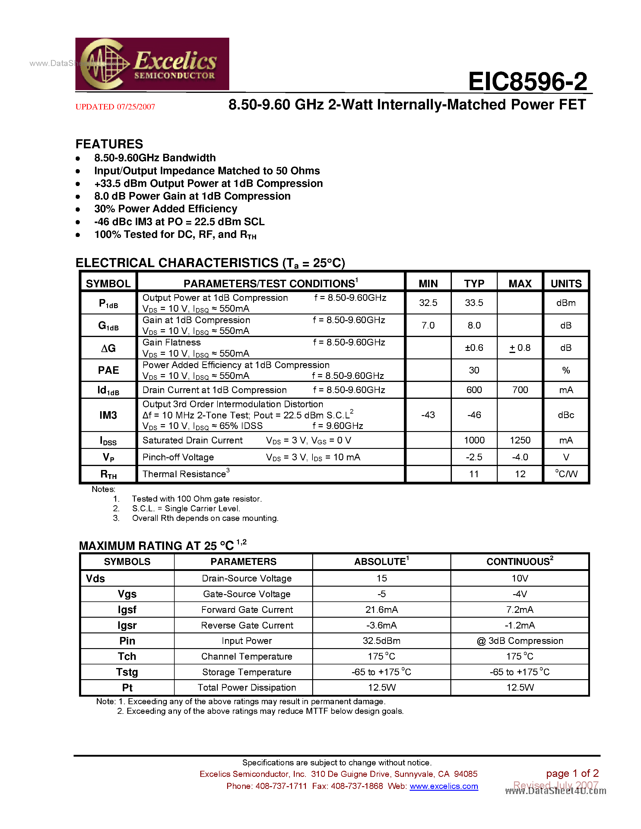 Datasheet EIC8596-2 - Internally Matched Power FET page 1