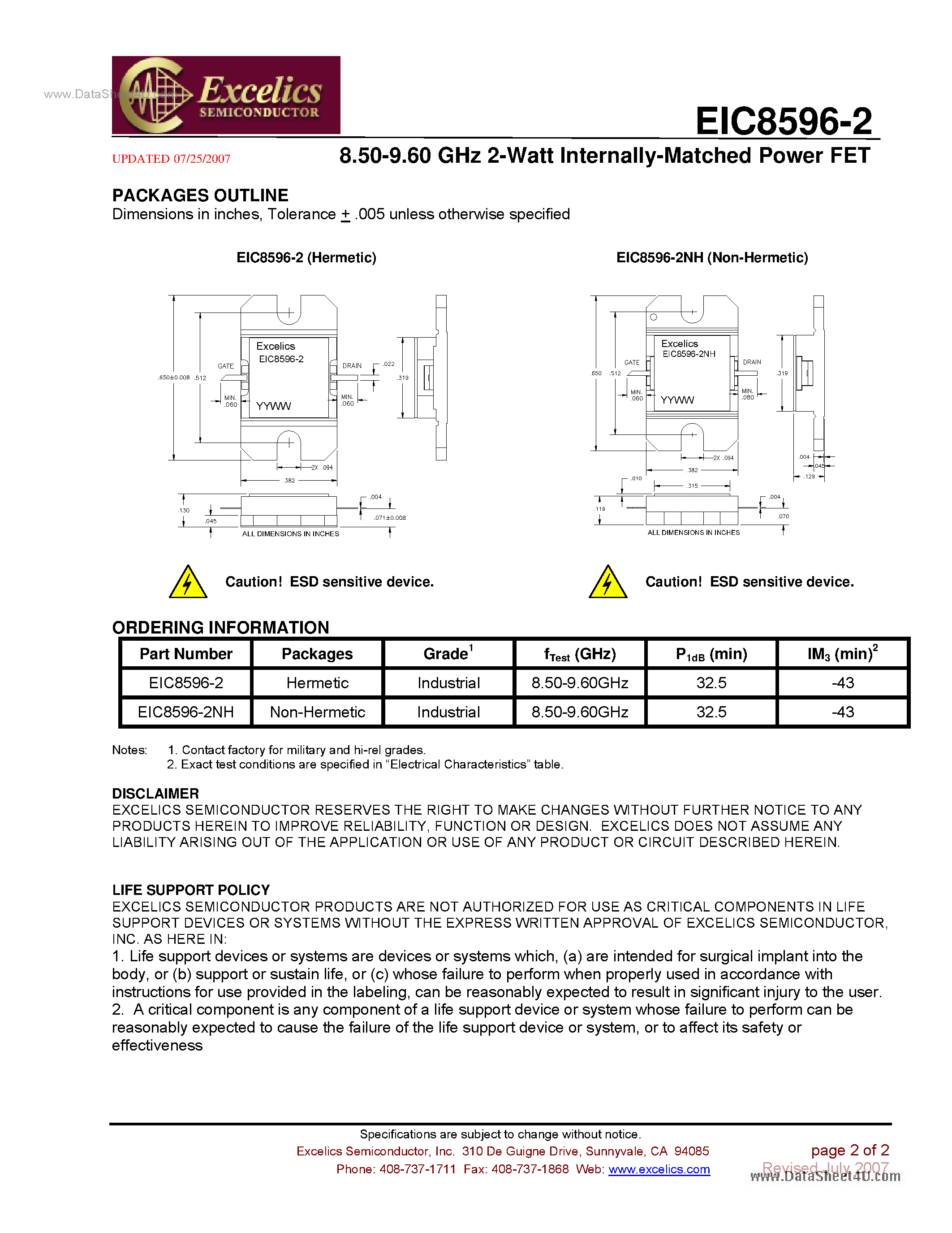 Datasheet EIC8596-2 - Internally Matched Power FET page 2