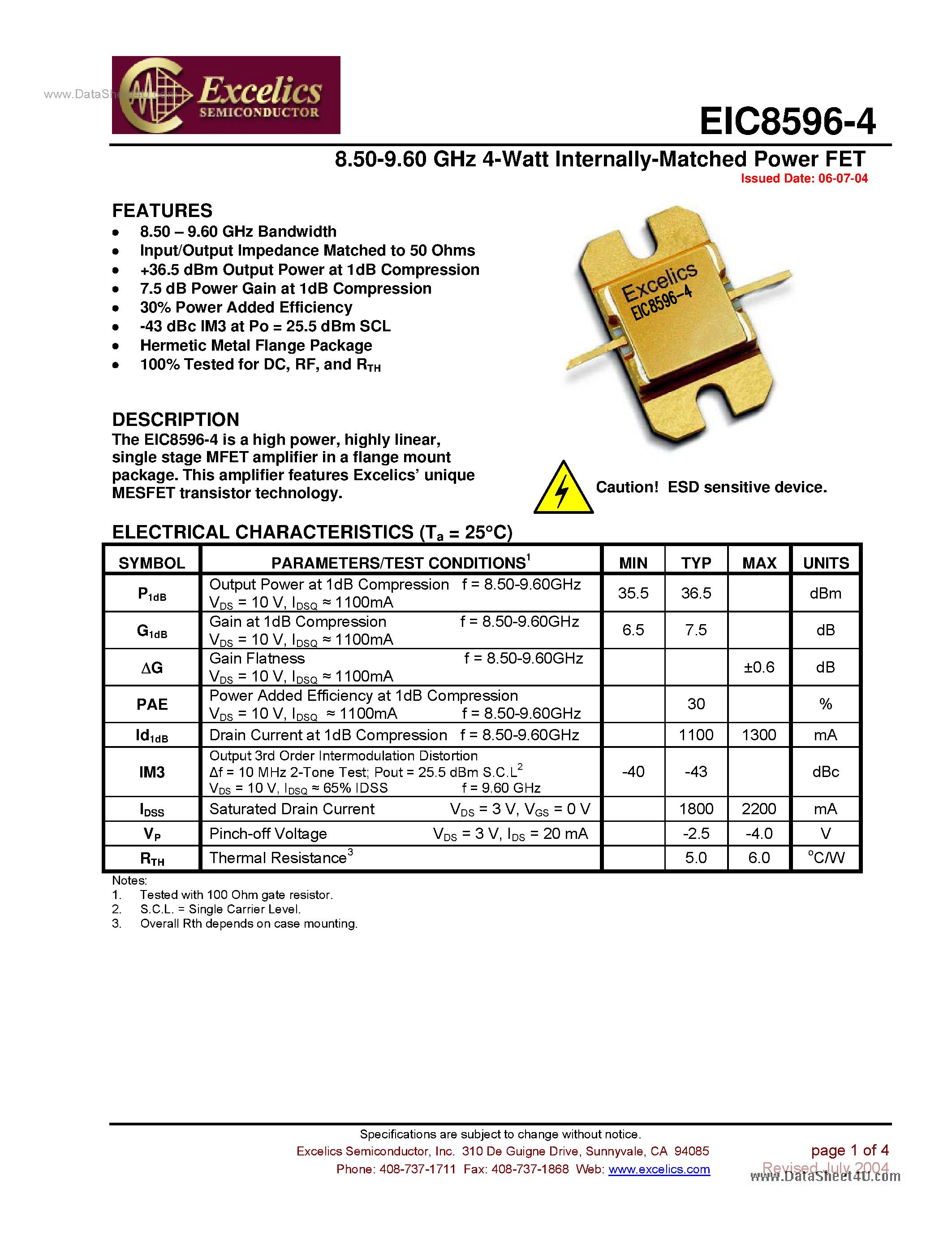Datasheet EIC8596-4 page 1 Datasheet EIC8596-4 - Internally Matched Power FET page 1