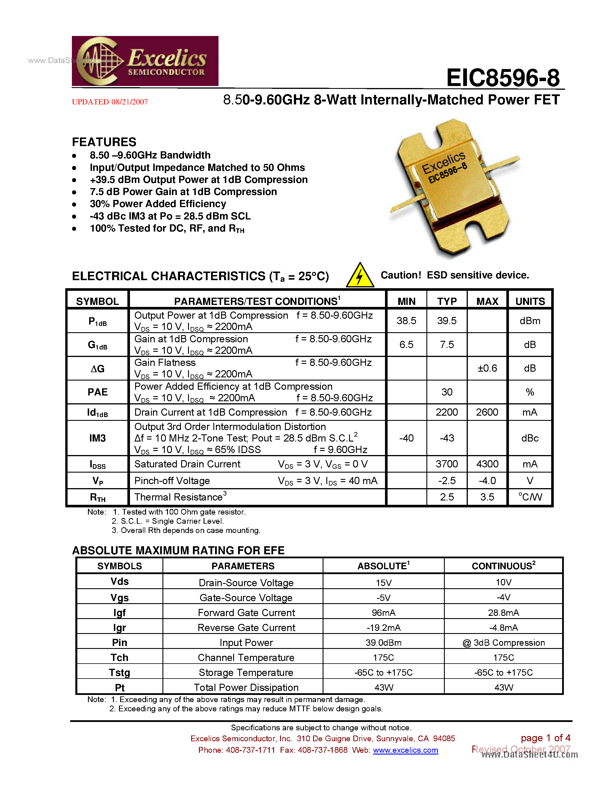 Datasheet EIC8596-8 - Internally Matched Power FET page 1