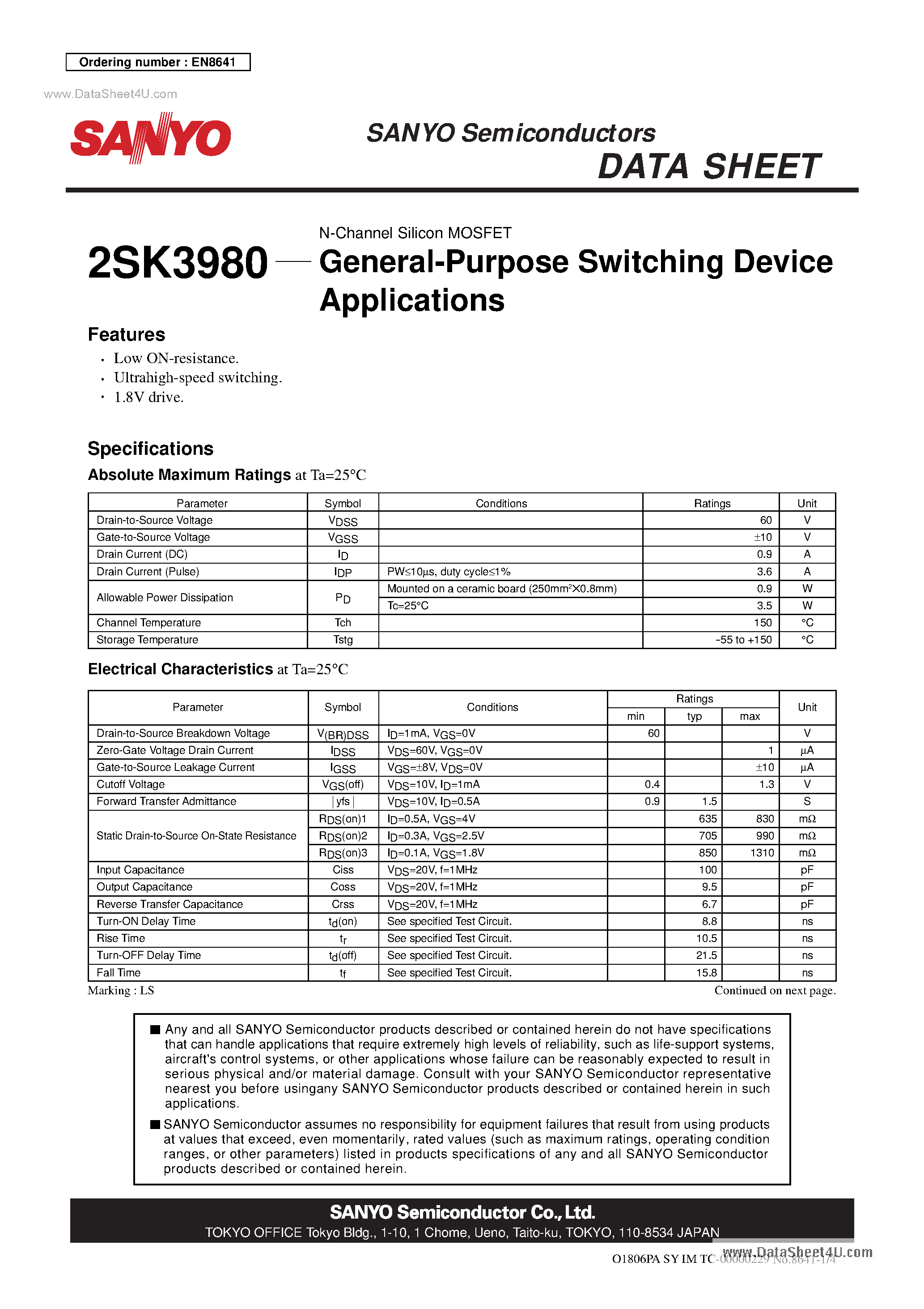 Datasheet 2SK3980 - N-Channel Silicon MOSFET General-Purpose Switching Device page 1