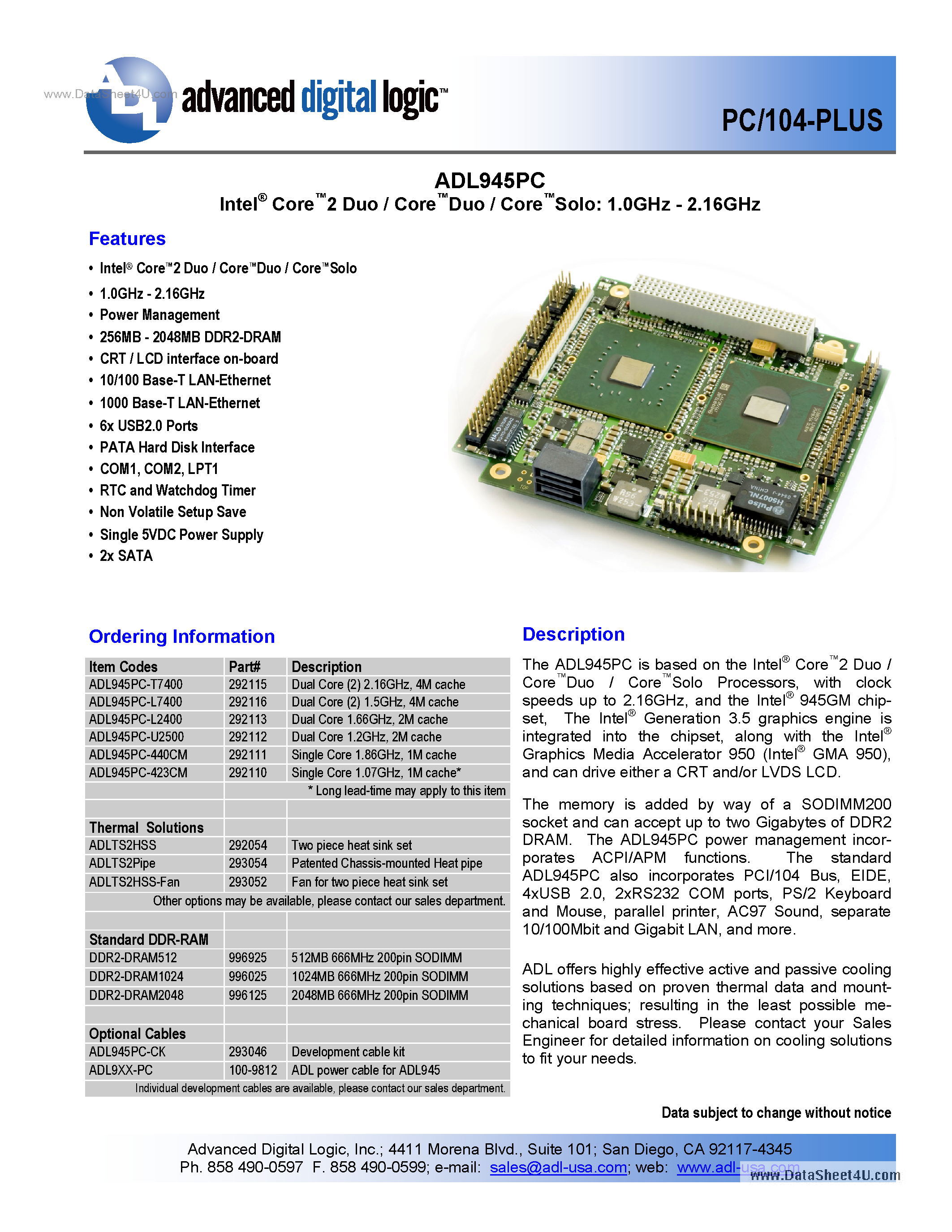 Даташит на микросхему ADL945PC страница 1 Даташит ADL945PC - Duo / Core Solo: 1.0GHz - 2.16GHz страница 1
