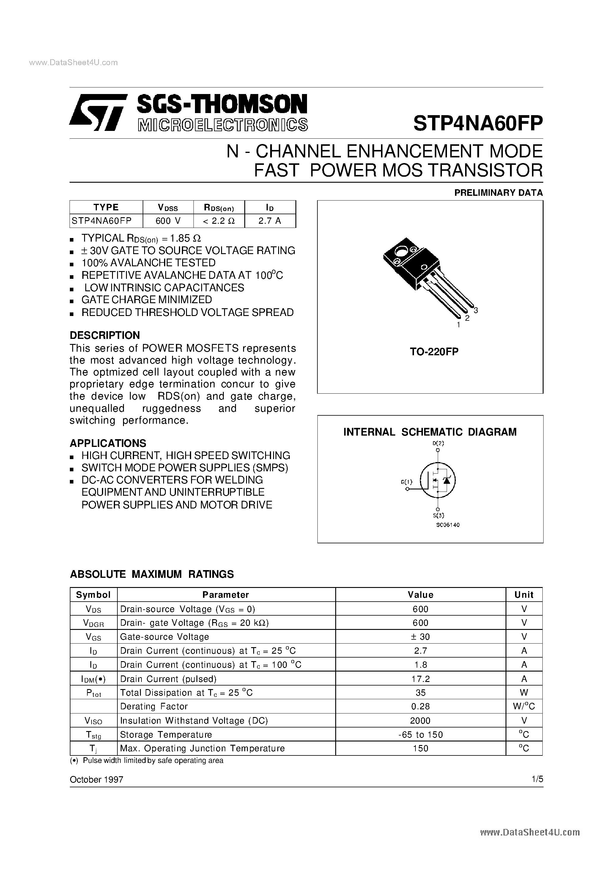 Datasheet STP4NA60FP - N-CHANNEL ENHANCEMENT MODE FAST POWER MOS TRANSISTOR page 1