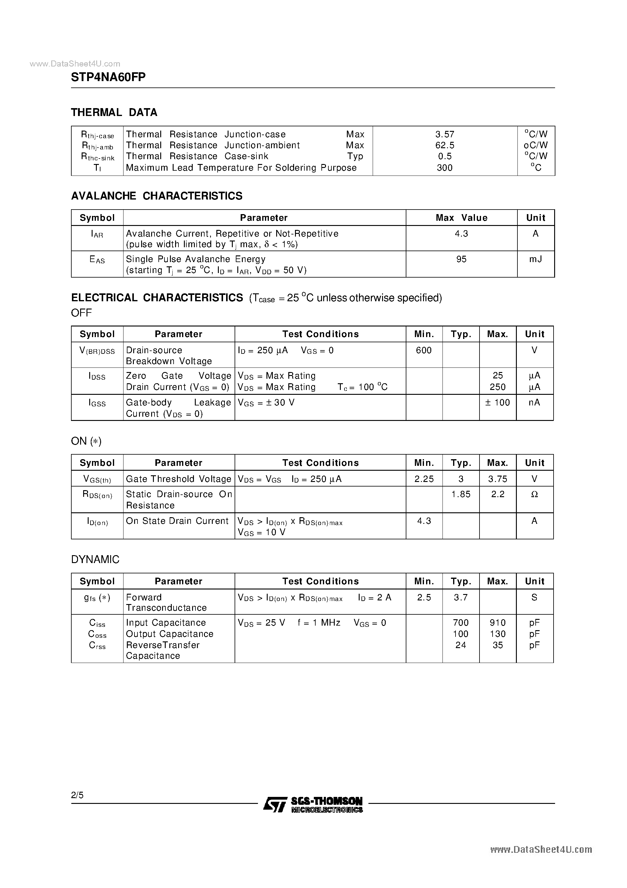 Datasheet STP4NA60FP - N-CHANNEL ENHANCEMENT MODE FAST POWER MOS TRANSISTOR page 2