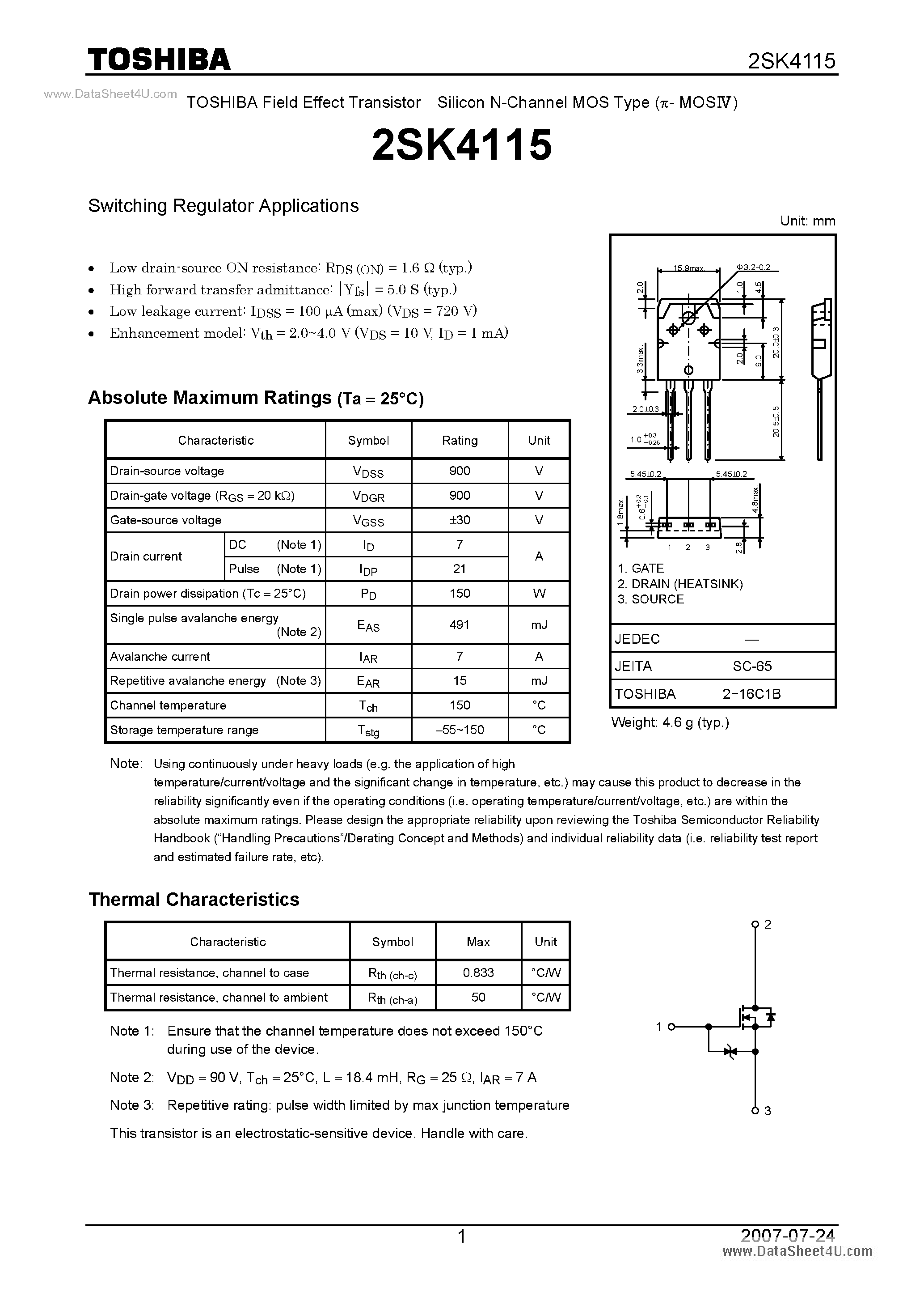 Datasheet 2SK4115 - Switching Regulator Applications page 1