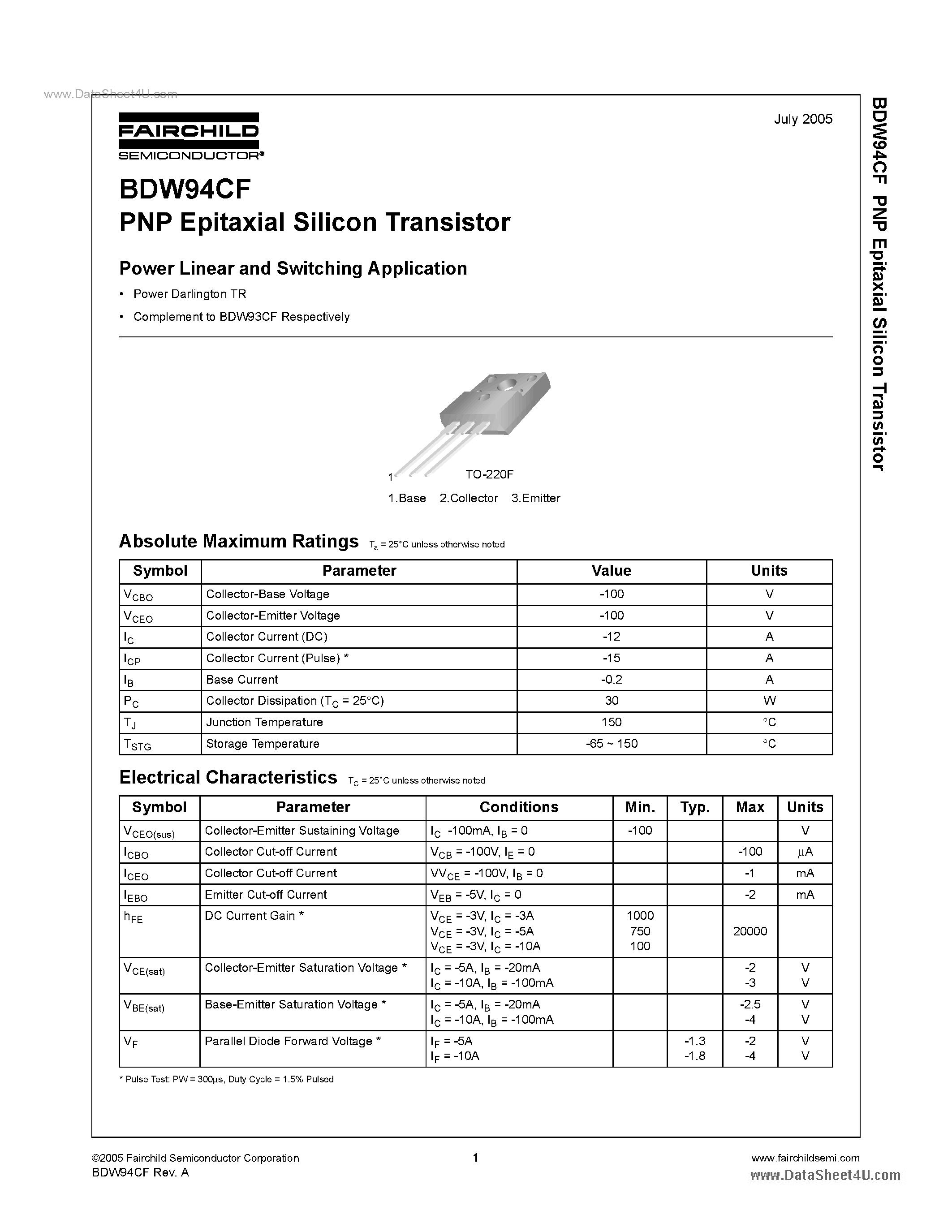 Даташит BDW94CF - PNP Epitaxial Silicon Transistor страница 1