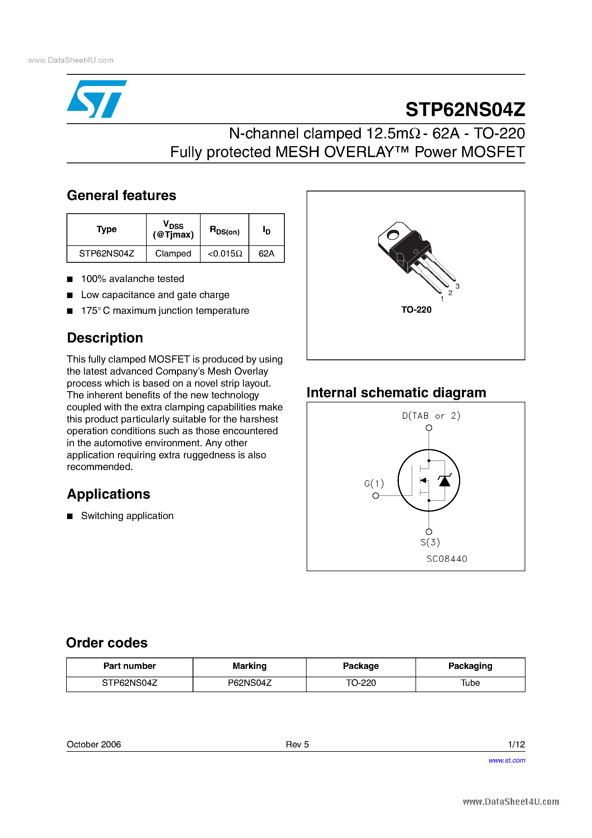 Datasheet P62NS04Z - Search -----> STP62NS04Z page 1