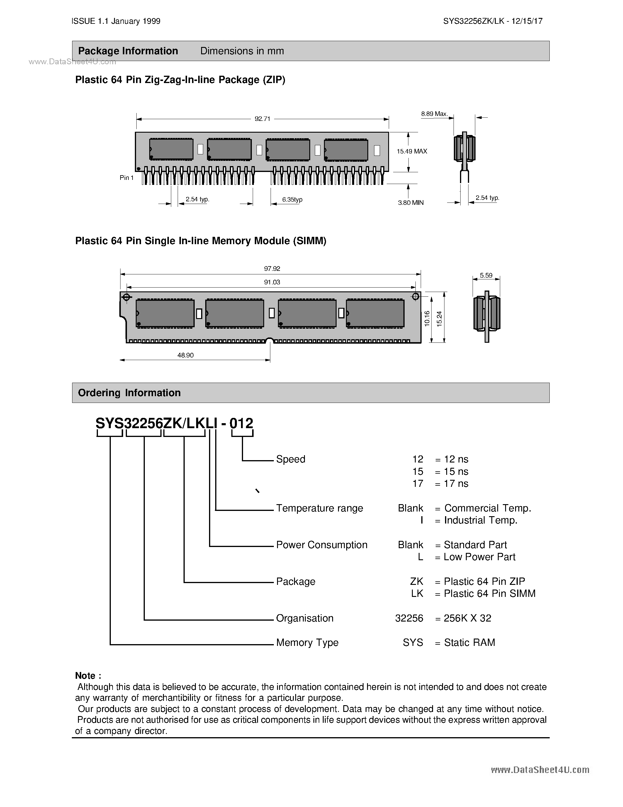 Даташит SYS32256LK-12 - 256K x 32 SRAM MODULE страница 2