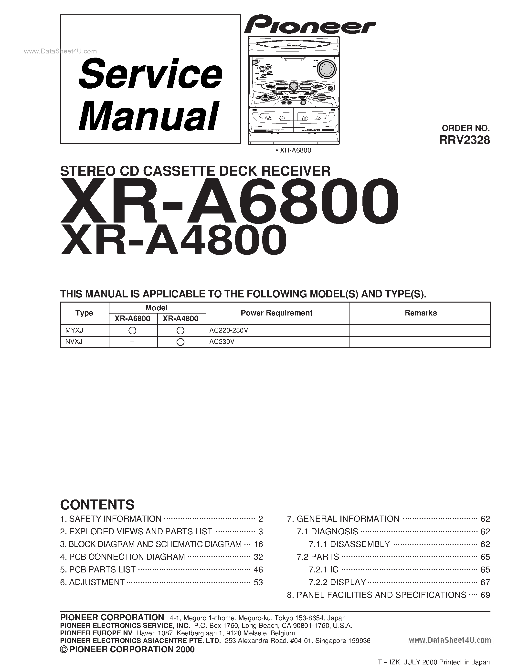 Datasheet XR-A4800 page 1 Datasheet XR-A4800 - (XR-A4800 / XR-A6800) STEREO CD CASSETTE DECK RECEIVER PIONEER page 1