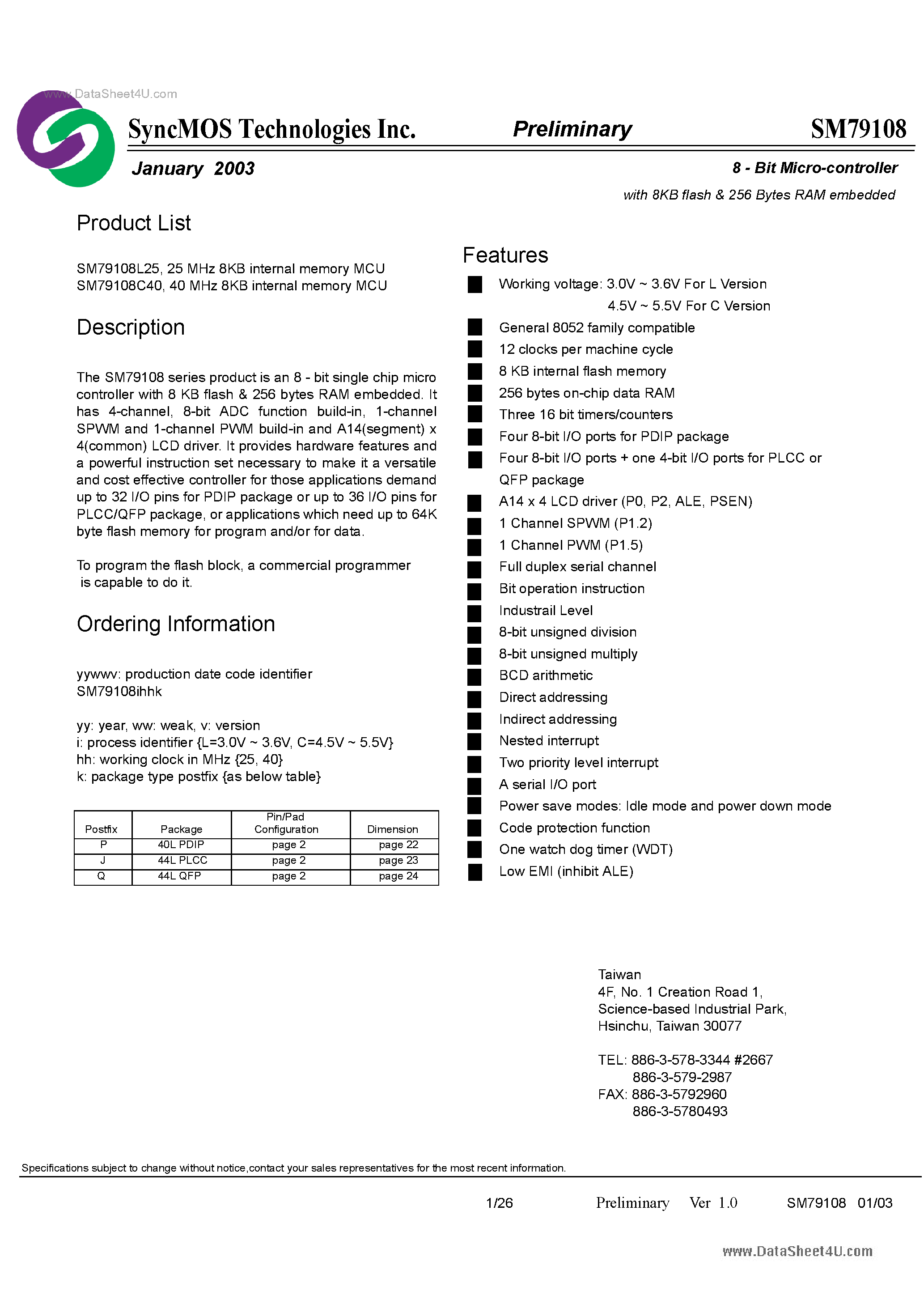 Datasheet SM79108 page 1 Datasheet SM79108 - 8-Bit Micro-controller page 1
