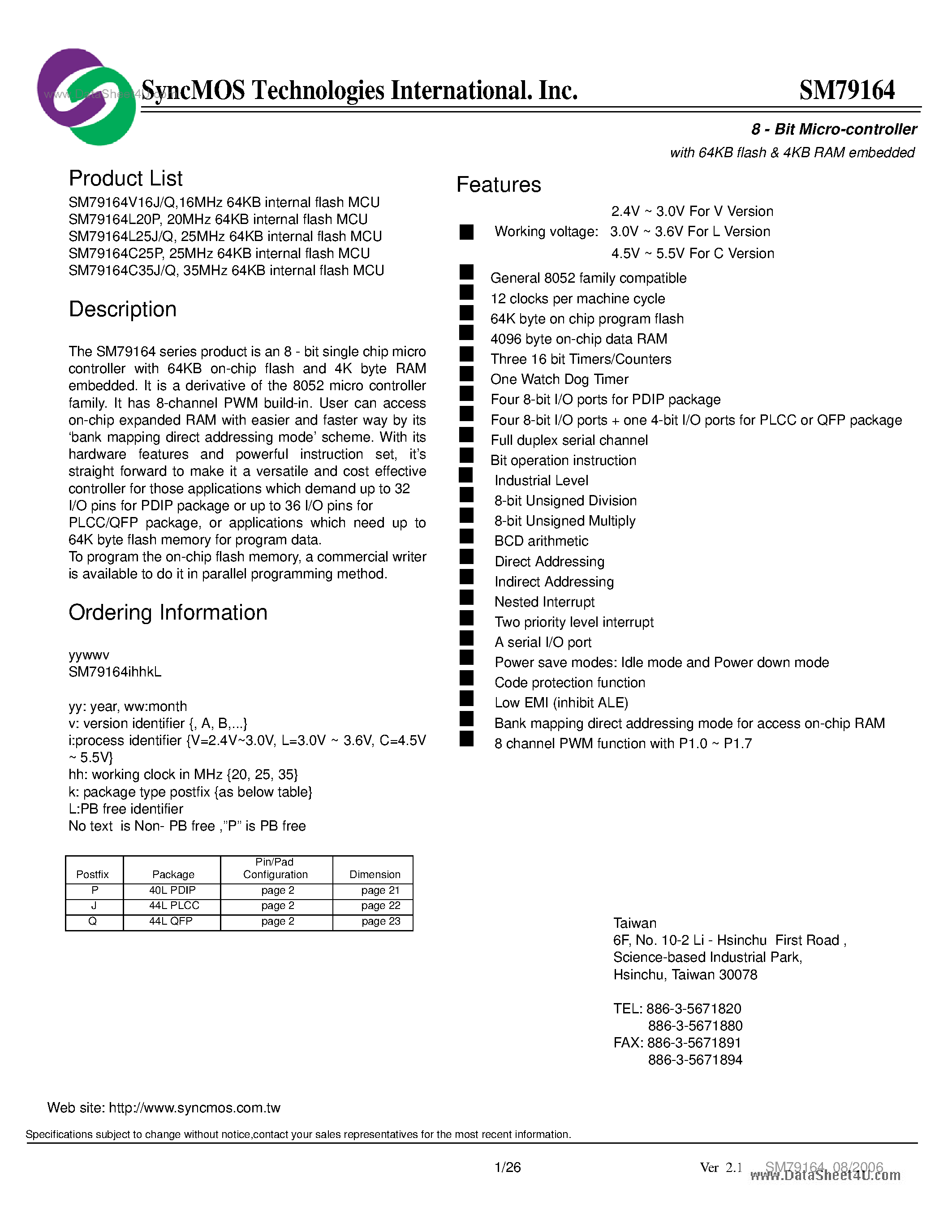 Datasheet SM79164 page 1 Datasheet SM79164 - 8-Bit Micro-controller page 1