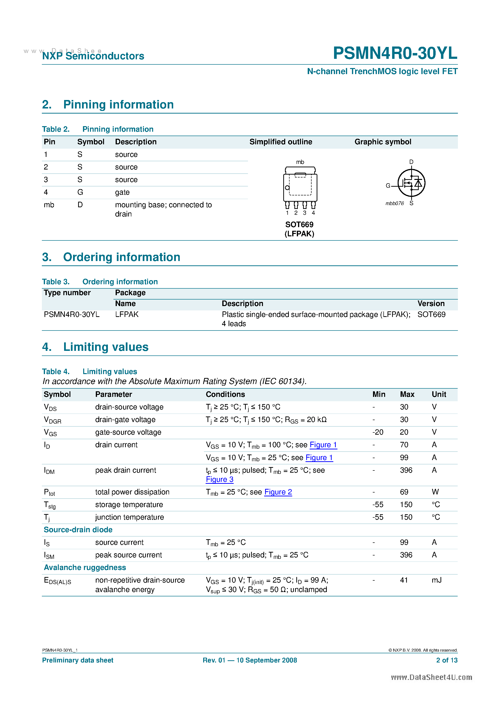 Datasheet PSMN4R0-30YL page 2 Datasheet PSMN4R0-30YL - N-channel TrenchMOS logic level FET page 2